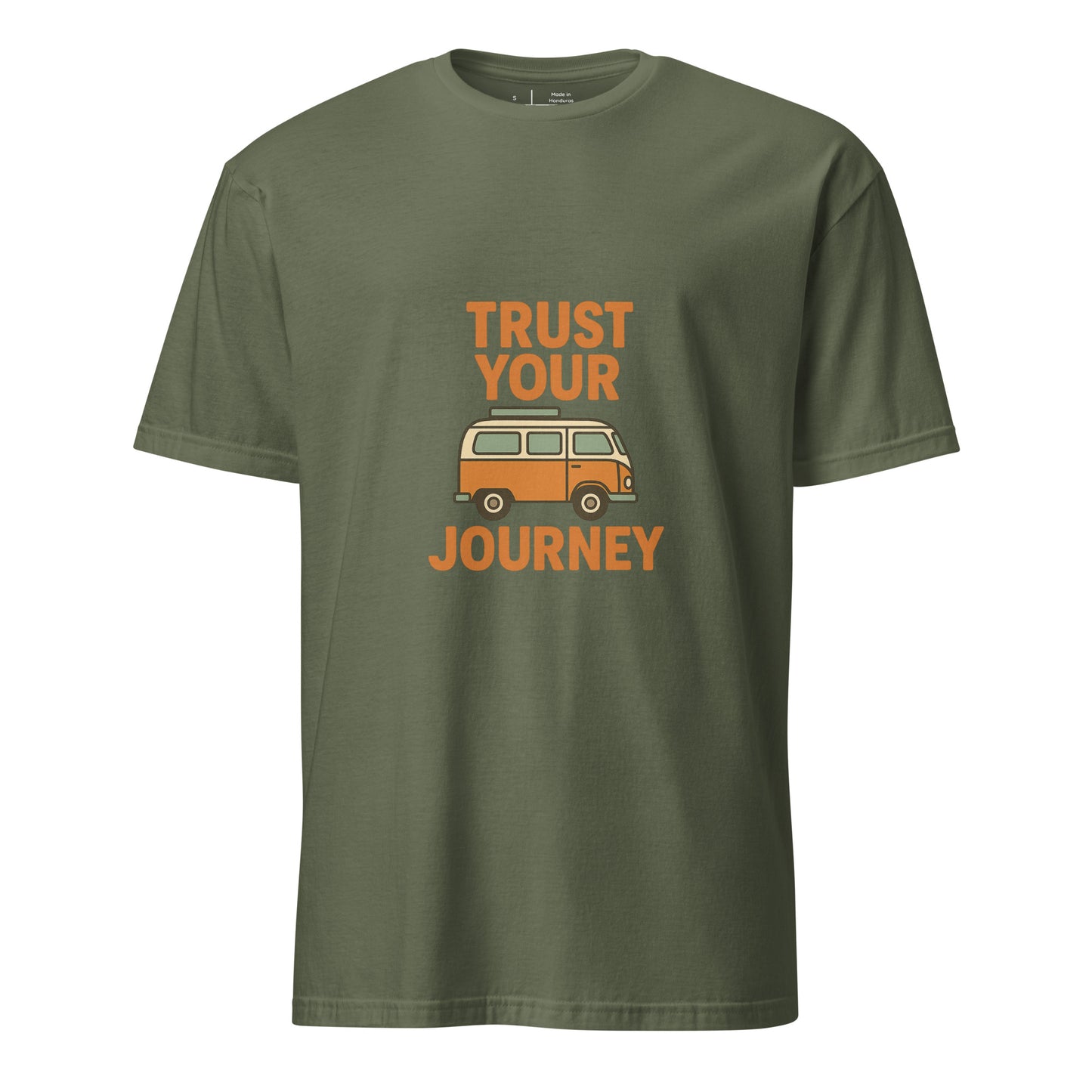 Trust Your Journey – Retro Camper Van - Short-Sleeve Unisex T-Shirt - Graphic Tee - Military Green - Front