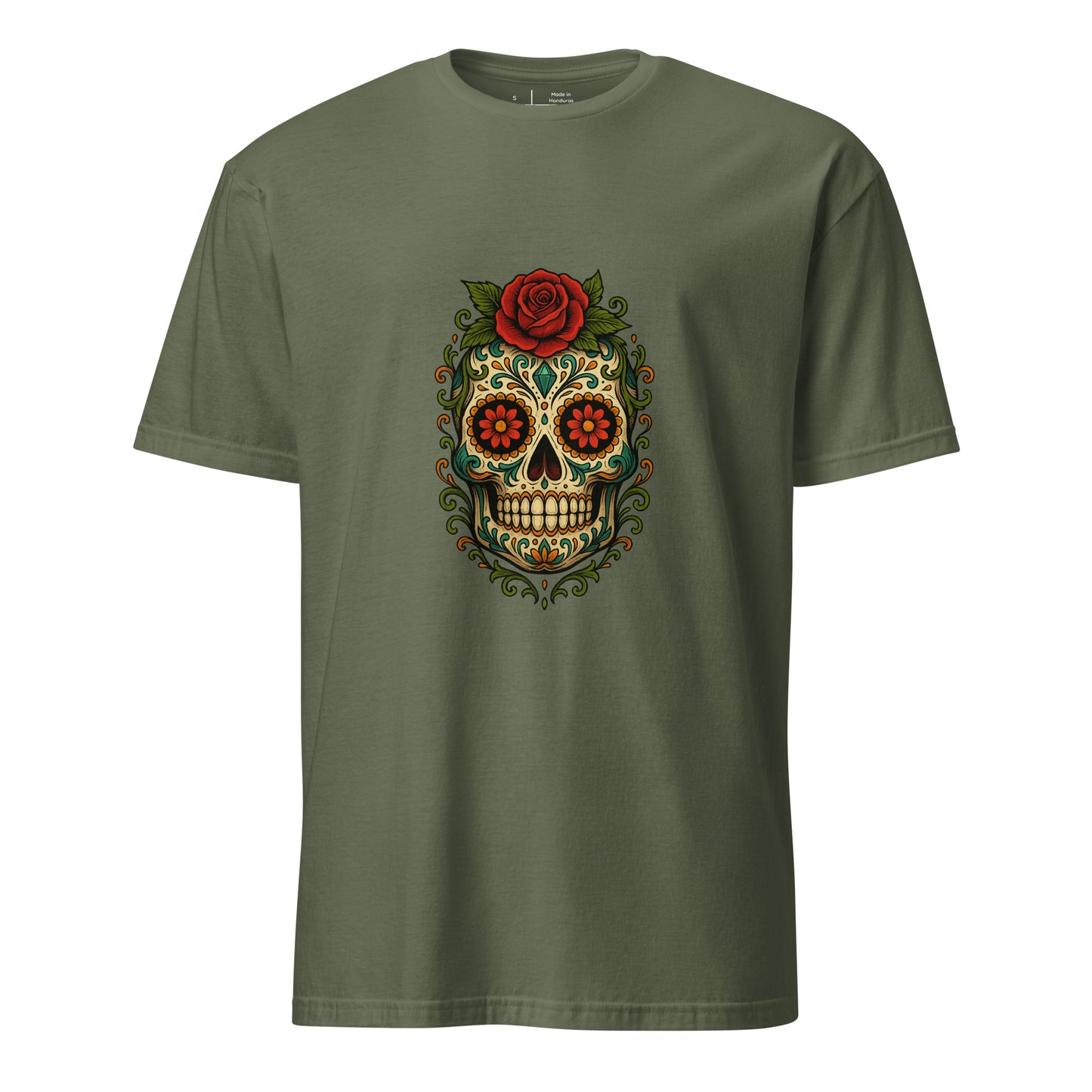 Day Of The Dead – Red Rose Skull Edition - Short-Sleeve Unisex T-Shirt - Graphic Tee - Military Green - Front