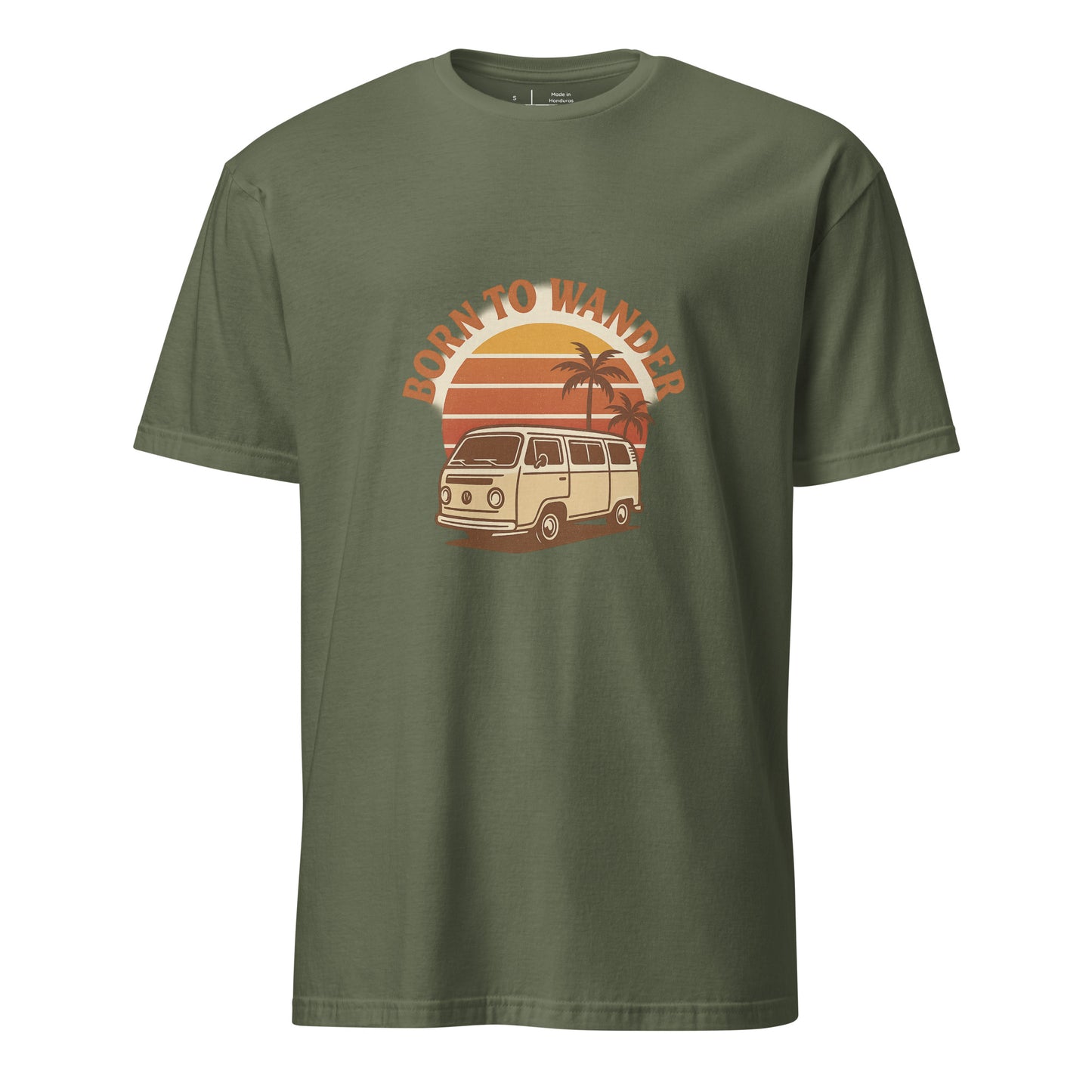 Born To Wander – Sunset Camper Edition - Short-Sleeve Unisex T-Shirt - Graphic Tee - Military Green - Front