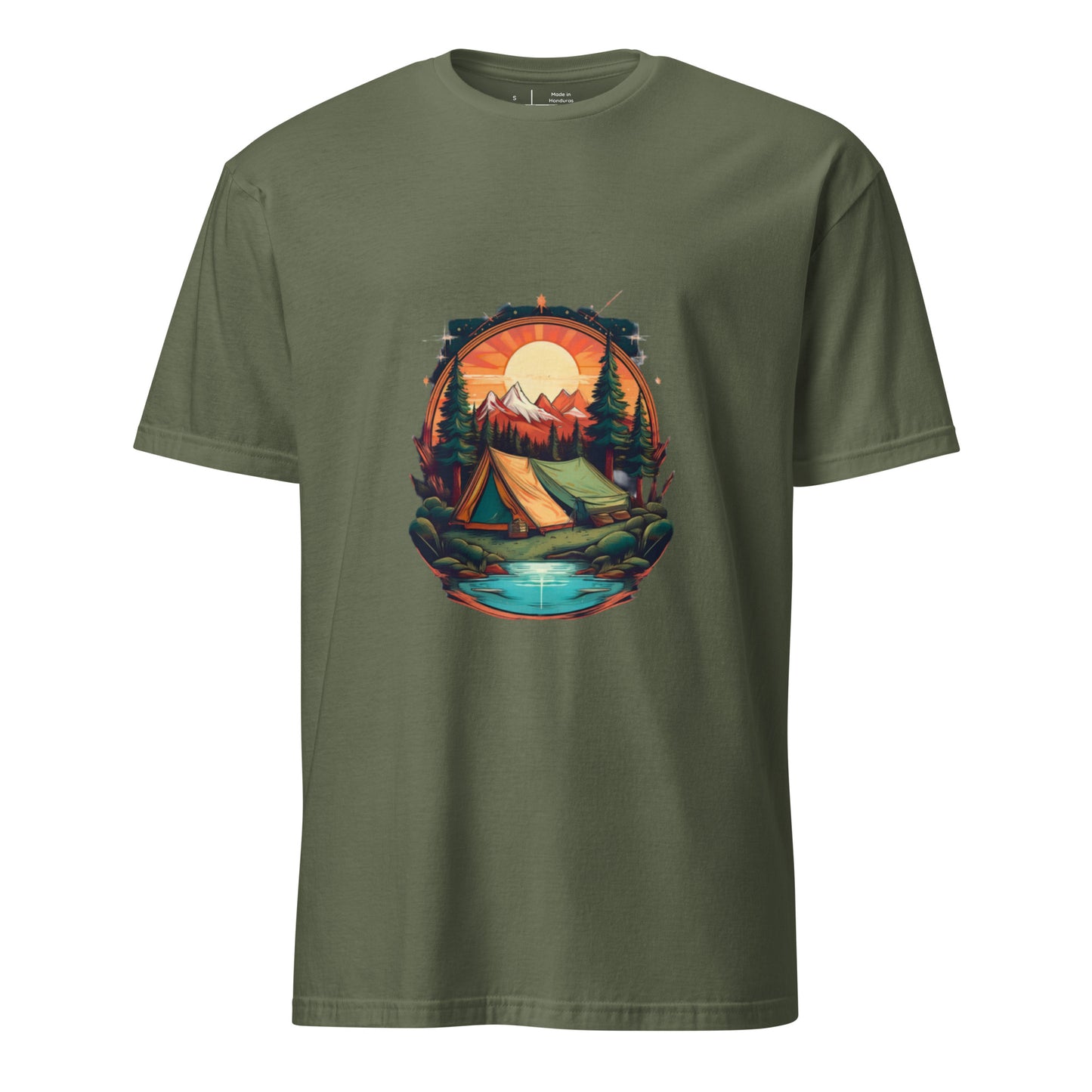 Golden Escape – Twin Tent Adventure - Short-Sleeve Unisex T-Shirt - Graphic Tee - Military Green - Front