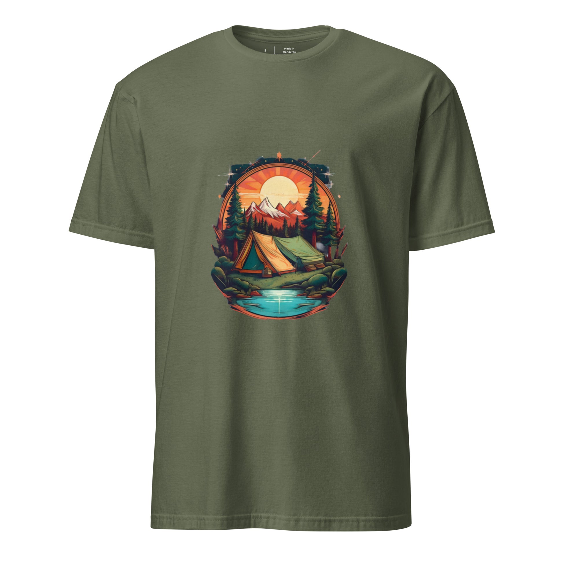 Golden Escape – Twin Tent Adventure - Short-Sleeve Unisex T-Shirt - Graphic Tee - Military Green - Front