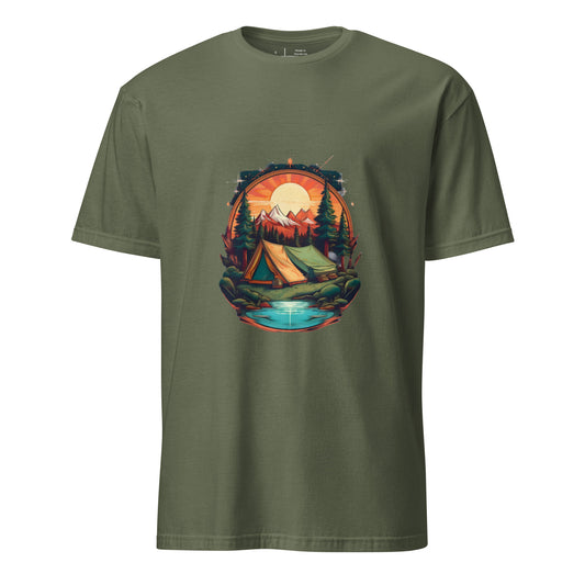 Golden Escape – Twin Tent Adventure - Short-Sleeve Unisex T-Shirt - Graphic Tee - Military Green - Front
