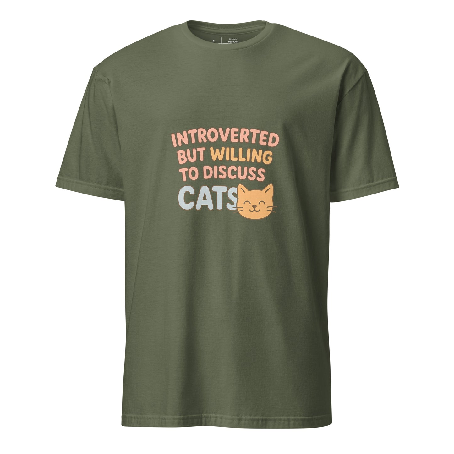 Introverted But Willing To Discuss Cats – Cozy Cat Lovers - Short-Sleeve Unisex T-Shirt - Graphic Tee - Military Green - Front
