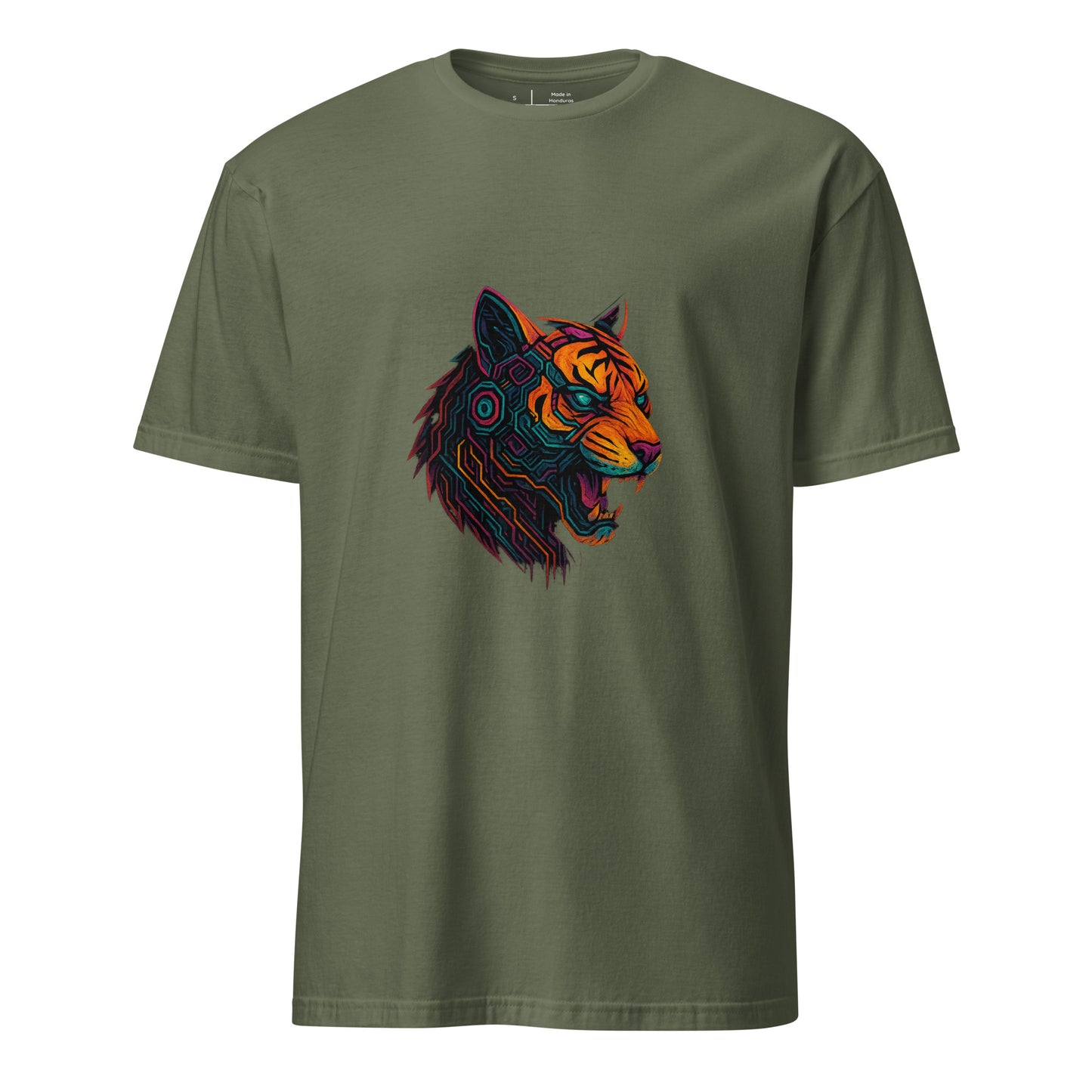 Cyber Tiger – Neon Predator - Short-Sleeve Unisex T-Shirt - Graphic Tee - Military Green - Front