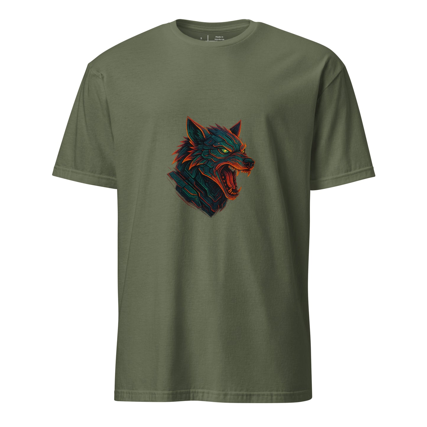 The Wolf Overdrive – Cyber Wolf Unleashed - Short-Sleeve Unisex T-Shirt - Graphic Tee - Military Green - Front