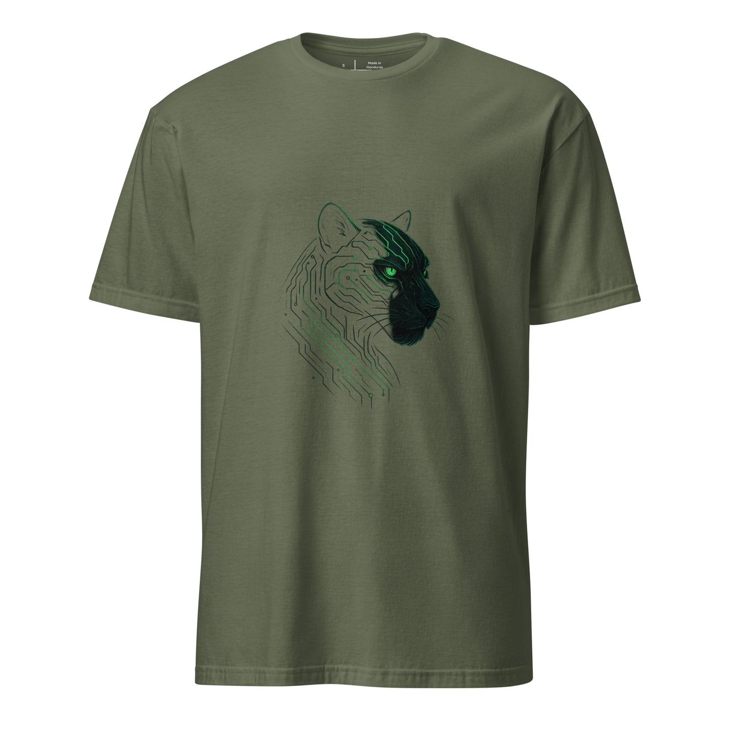 The Circuit Panther – Shadow & Circuitry - Short-Sleeve Unisex T-Shirt - Graphic Tee - Military Green - Front 
