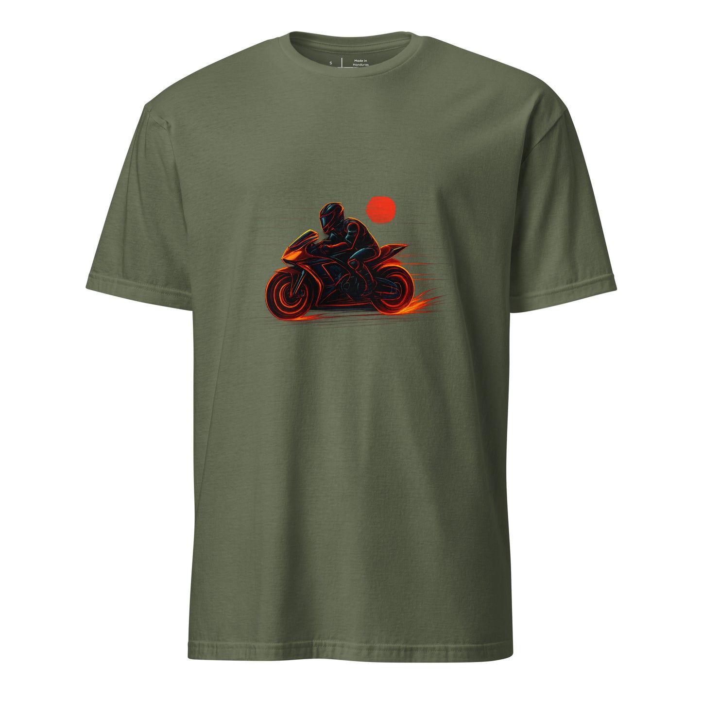 Neon Rider – Blaze Through the Digital Highway - Short-Sleeve Unisex T-Shirt - Graphic Tee - Military Green - Front