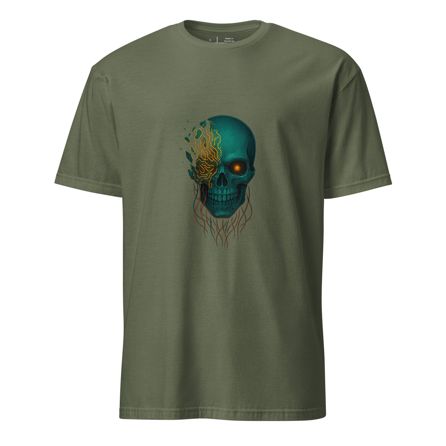 Astral Hacker Skull – Circuit Fractured - Short-Sleeve Unisex T-Shirt - Graphic Tee - Military Green - Front