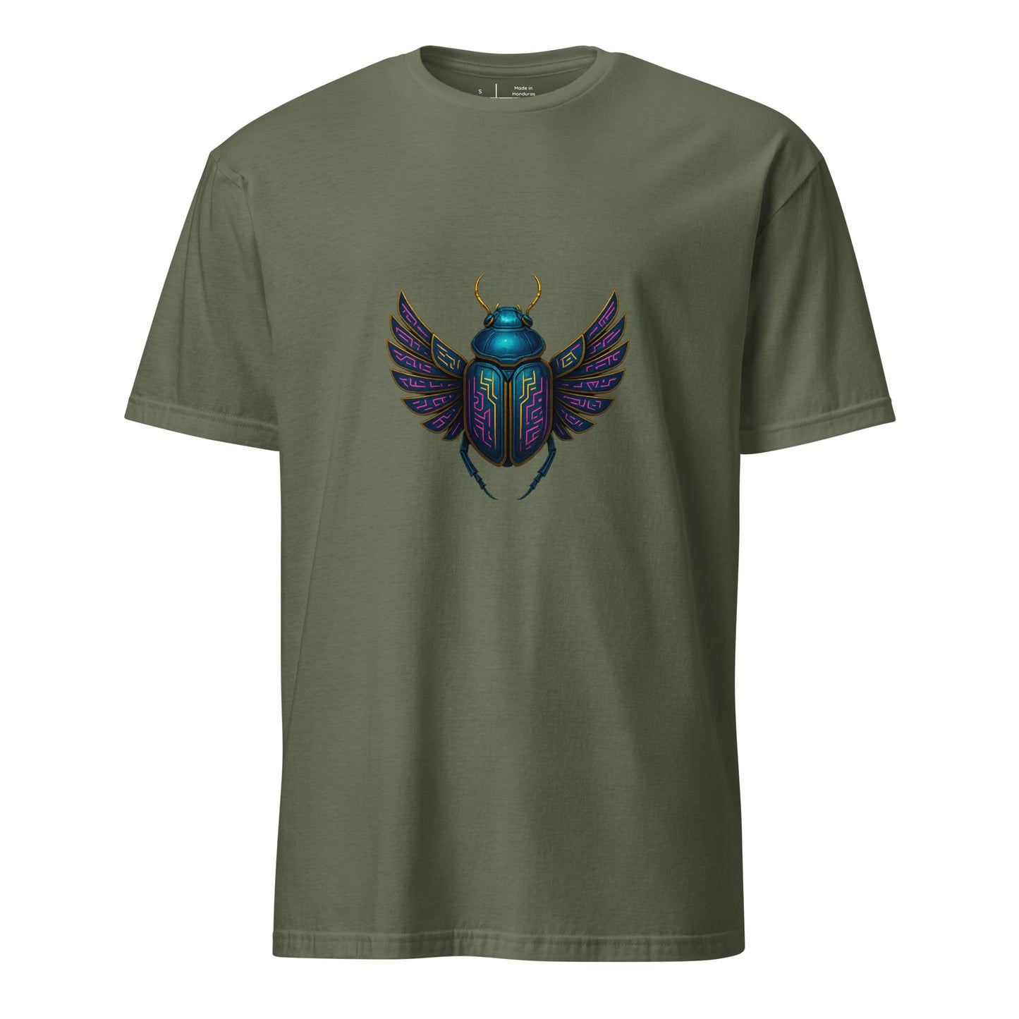 Mecha Scarab Beetle – Neon Tech Guardian - Short-Sleeve Unisex T-Shirt - Graphic Tee - Military Green - Front