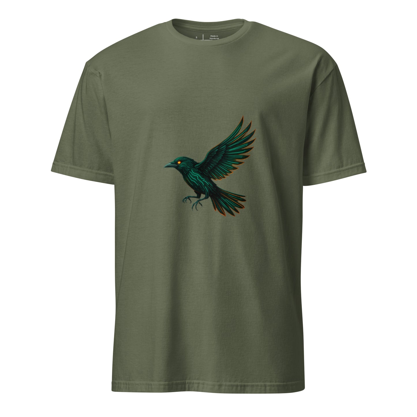 Cyberpunk Raven – Neon Flight - Short-Sleeve Unisex T-Shirt - Graphic Tee - Military Green - Front