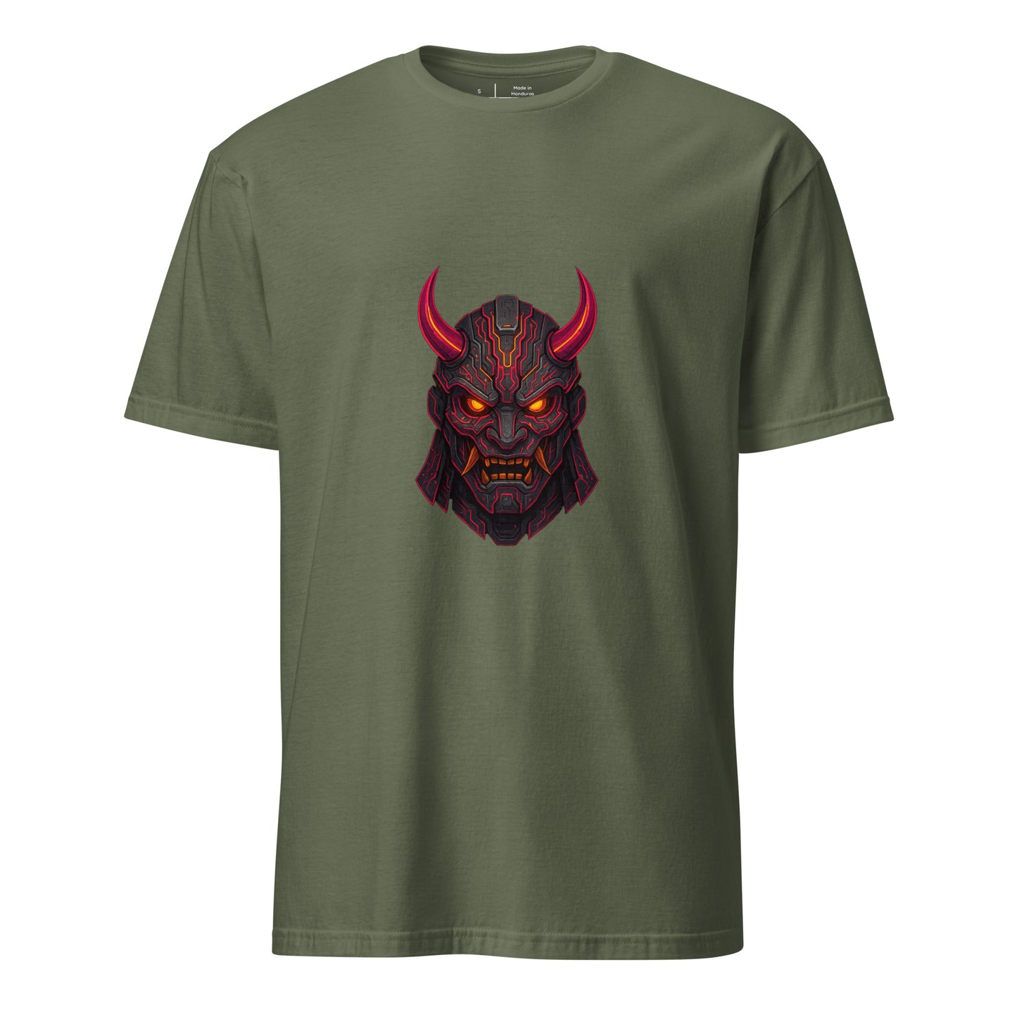 Galactic Samurai Mask – Cyber Oni - Short-Sleeve Unisex T-Shirt - Graphic Tee - Military Green - Front