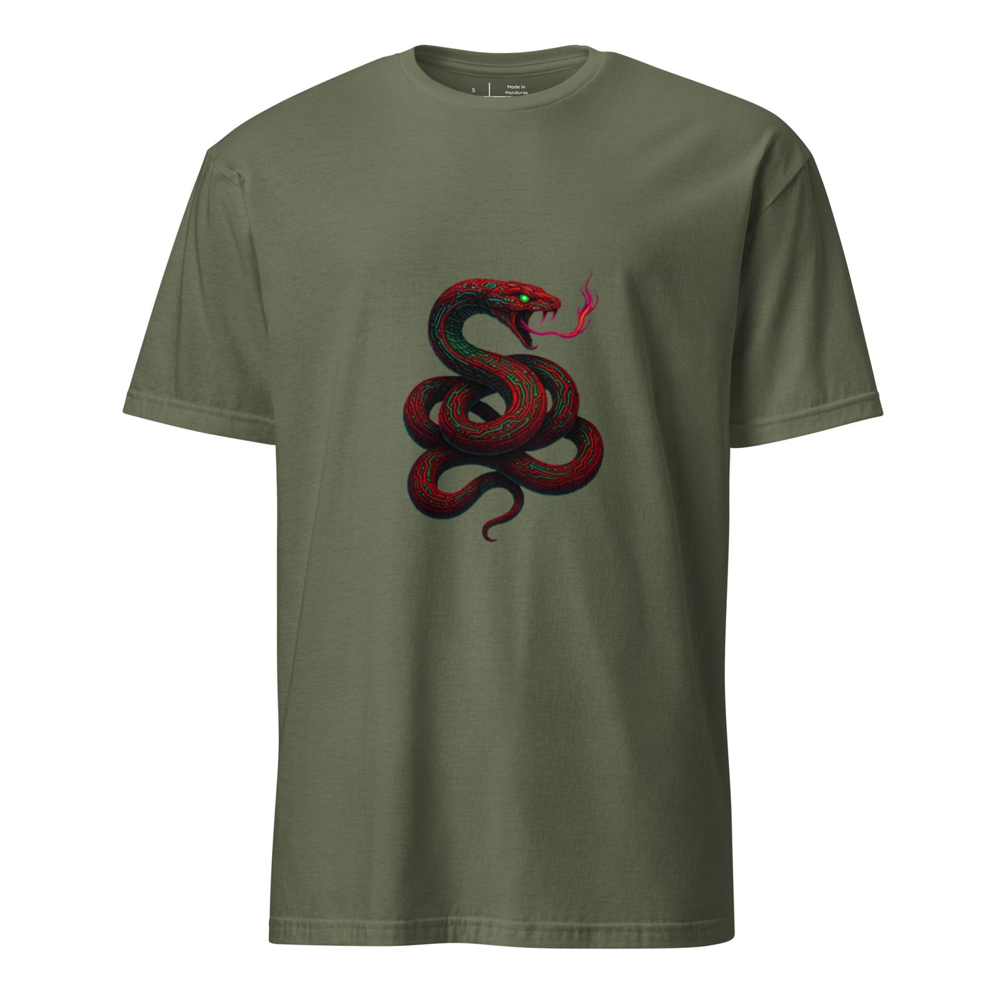 Circuit Serpent – Neon Tech Snake - Short-Sleeve Unisex T-Shirt - Graphic Tee - Military Green - Front