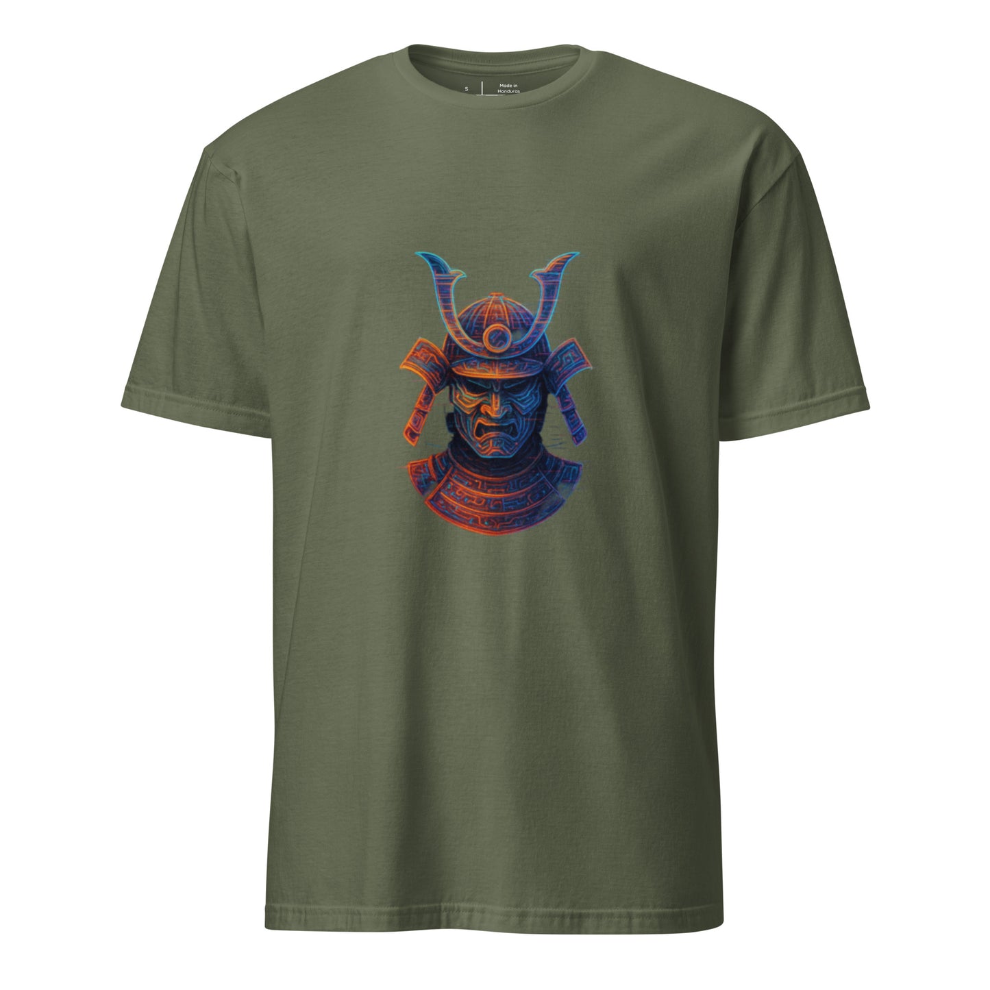 Holographic Samurai Helmet – Neon Warrior - Short-Sleeve Unisex T-Shirt - Graphic Tee - Military Green - Front