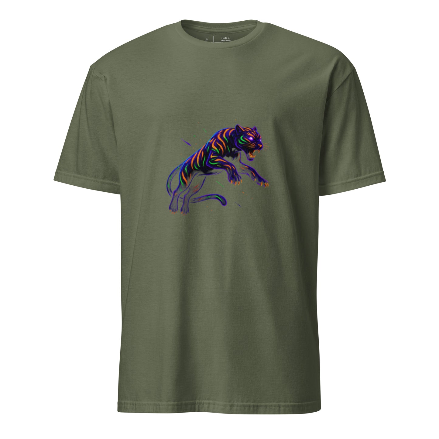 Rave Panther – Neon Tribal Predator - Short-Sleeve Unisex T-Shirt - Graphic Tee - Military Green - Front