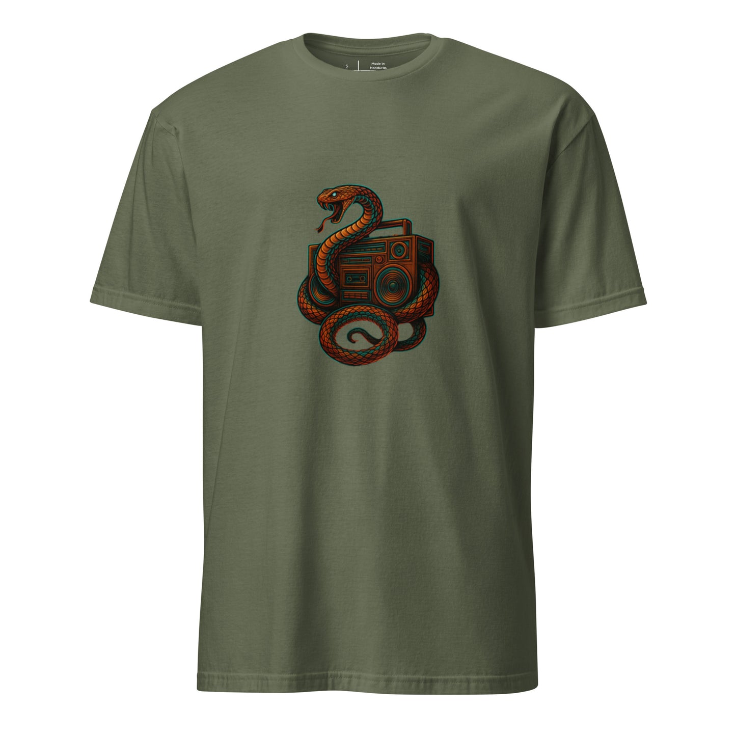 Bassline Serpent – Snake & Soundwaves - Short-Sleeve Unisex T-Shirt - Graphic Tee - Military Green - Front