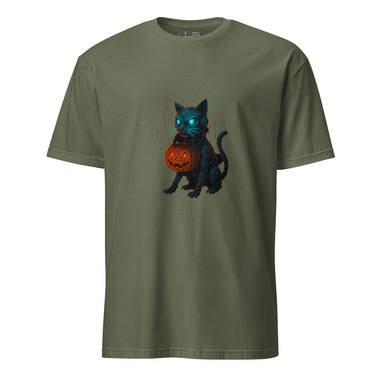 Trick-or-Treat Cyborg Cat – Cyberpunk Halloween Glow - Short-Sleeve Unisex T-Shirt - Graphic Tee - Military Green - Front