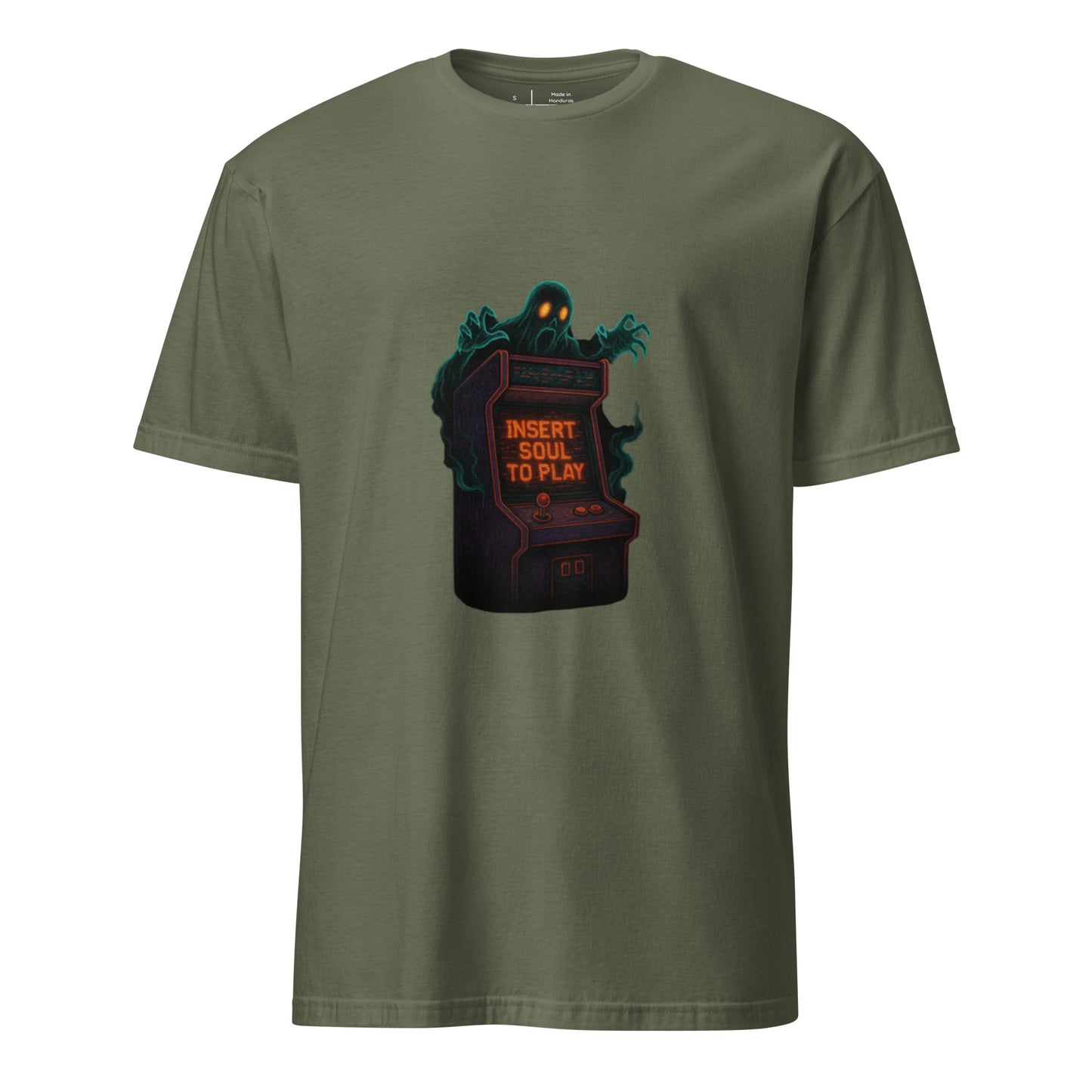 Haunted Neon Arcade Machine – “Insert Soul to Play” Retro Horror - Short-Sleeve Unisex T-Shirt - Graphic Tee - Military Green - Front