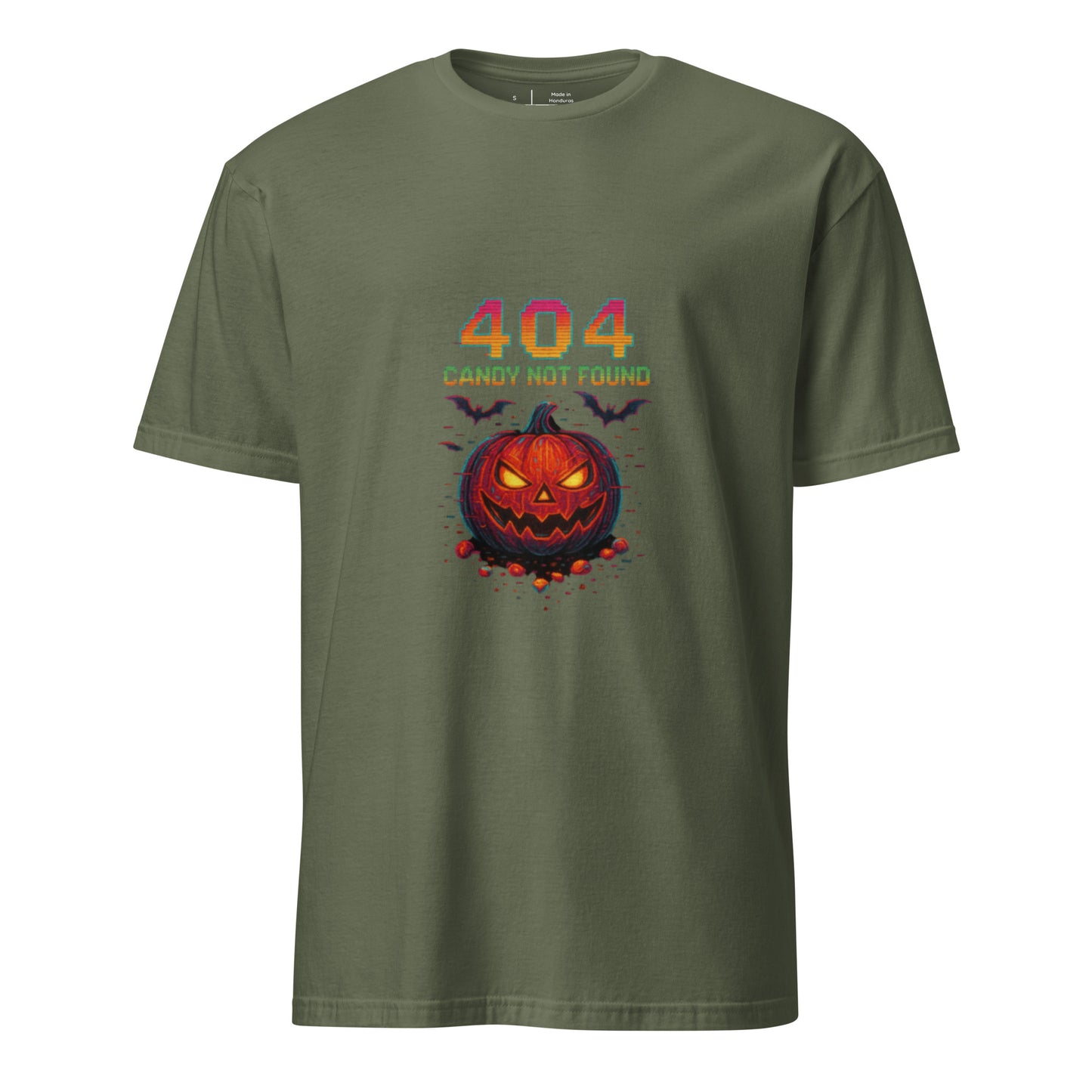 404 Candy Not Found – Cyberpunk Pumpkin Glitch - Short-Sleeve Unisex T-Shirt - Graphic Tee - Military Green - Front
