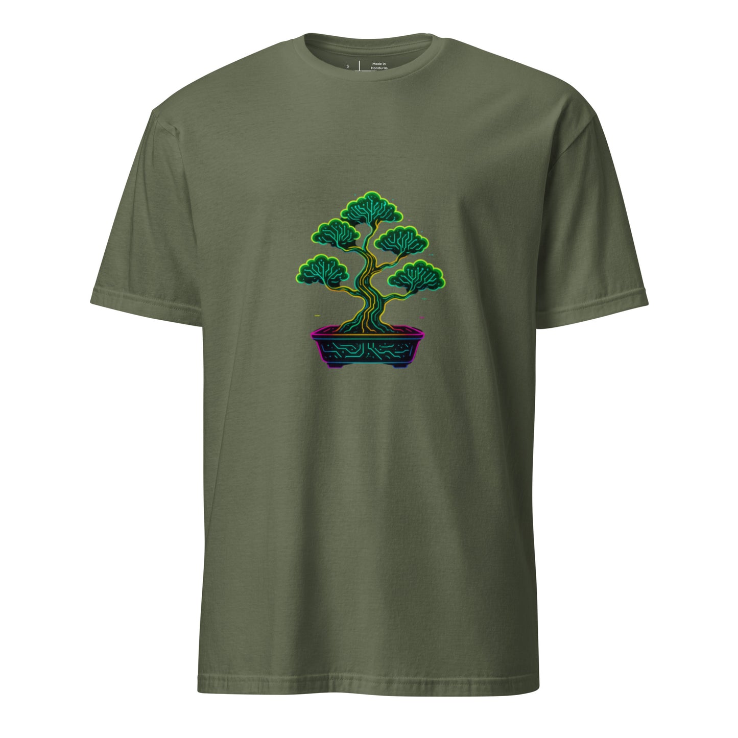 Cyber Bonsai – Neon Nature Fusion - Short-Sleeve Unisex T-Shirt - Graphic Tee - Military Green - Front