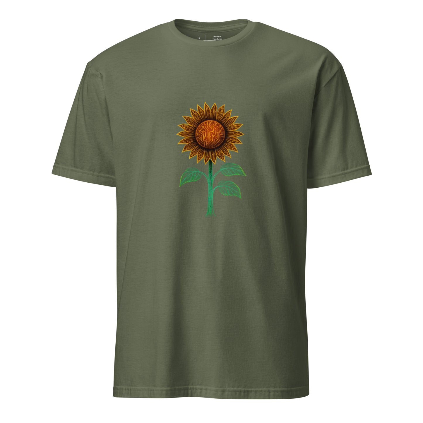 Circuitry Sunflower – Neon Tech Bloom - Short-Sleeve Unisex T-Shirt - Graphic Tee - Military Green - Front