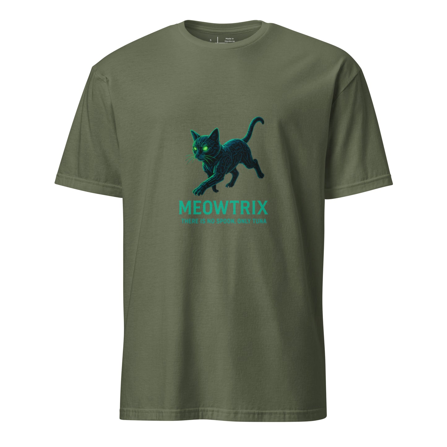 Meowtrix – Cyber Cat Matrix Parody - Short-Sleeve Unisex T-Shirt - Graphic Tee - Military Green - Front