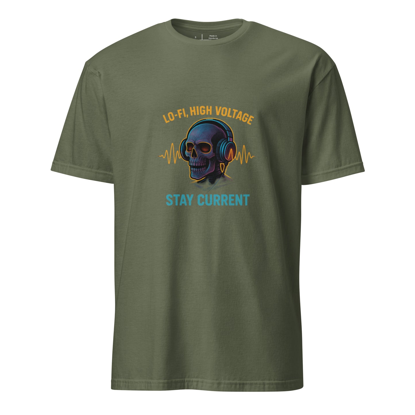 Lo-Fi, High Voltage – Cyberpunk Skull Music - Short-Sleeve Unisex T-Shirt - Graphic Tee - Military Green - Front