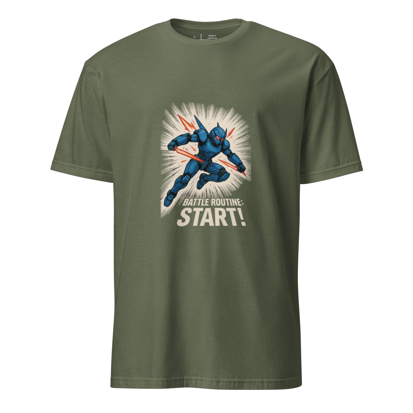 Battle Routine: Start! – Manga Mecha - Short-Sleeve Unisex T-Shirt - Graphic Tee - Military Green - Front