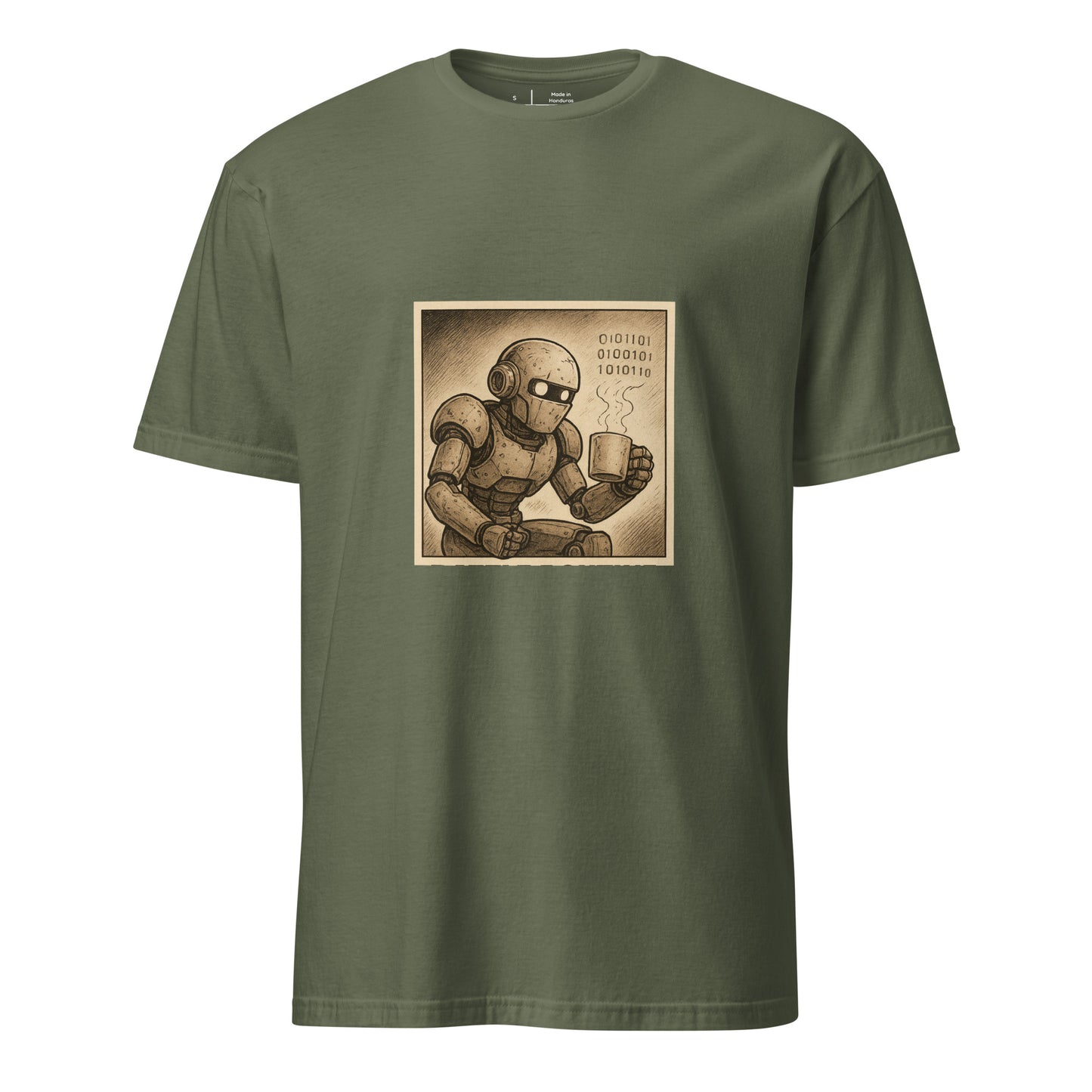 Rust Never Sleeps – Maintenance Bot - Short-Sleeve Unisex T-Shirt - Graphic Tee - Military Green - Front
