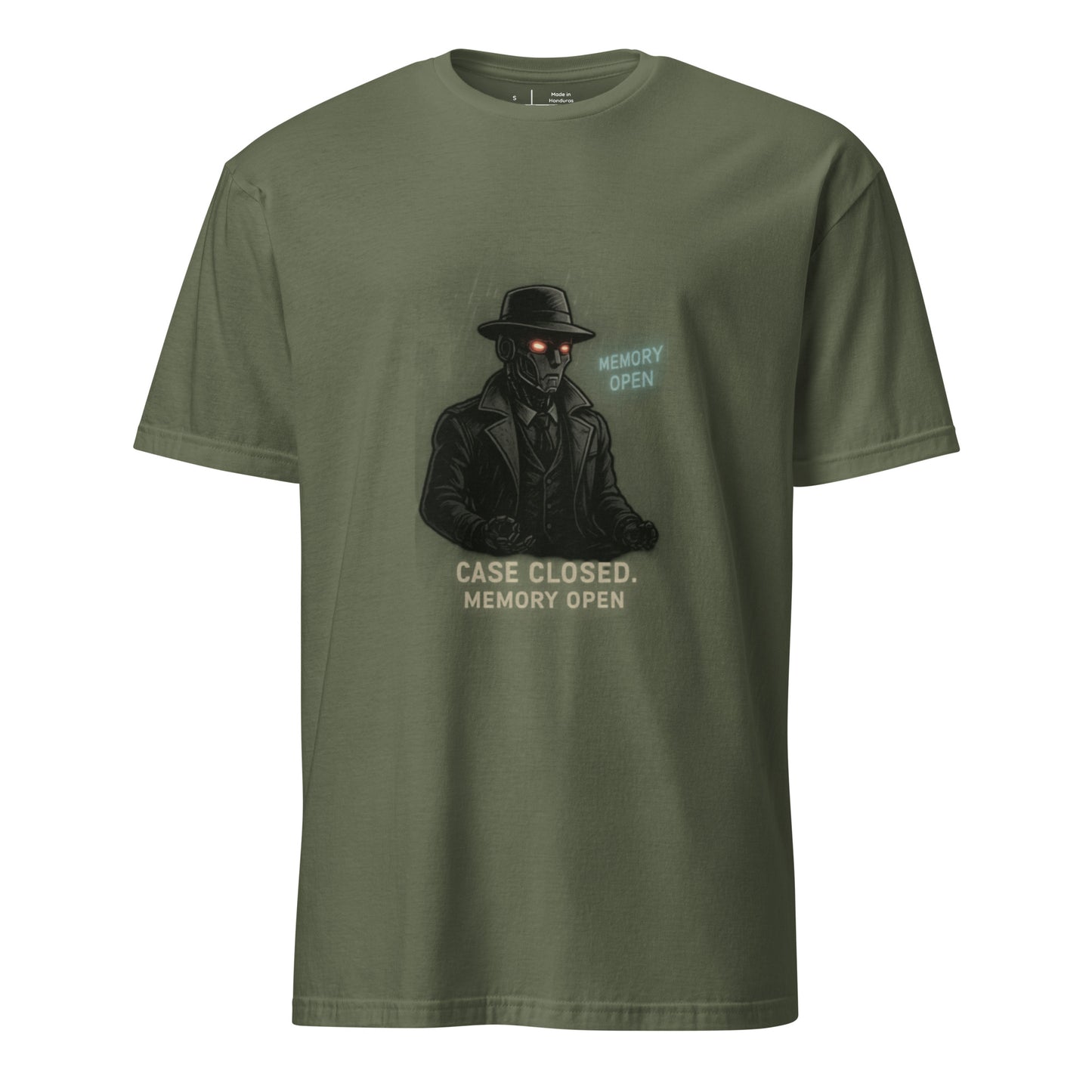 Mecha Noir – Cyberpunk Detective - Short-Sleeve Unisex T-Shirt - Graphic Tee - Military Green - Front