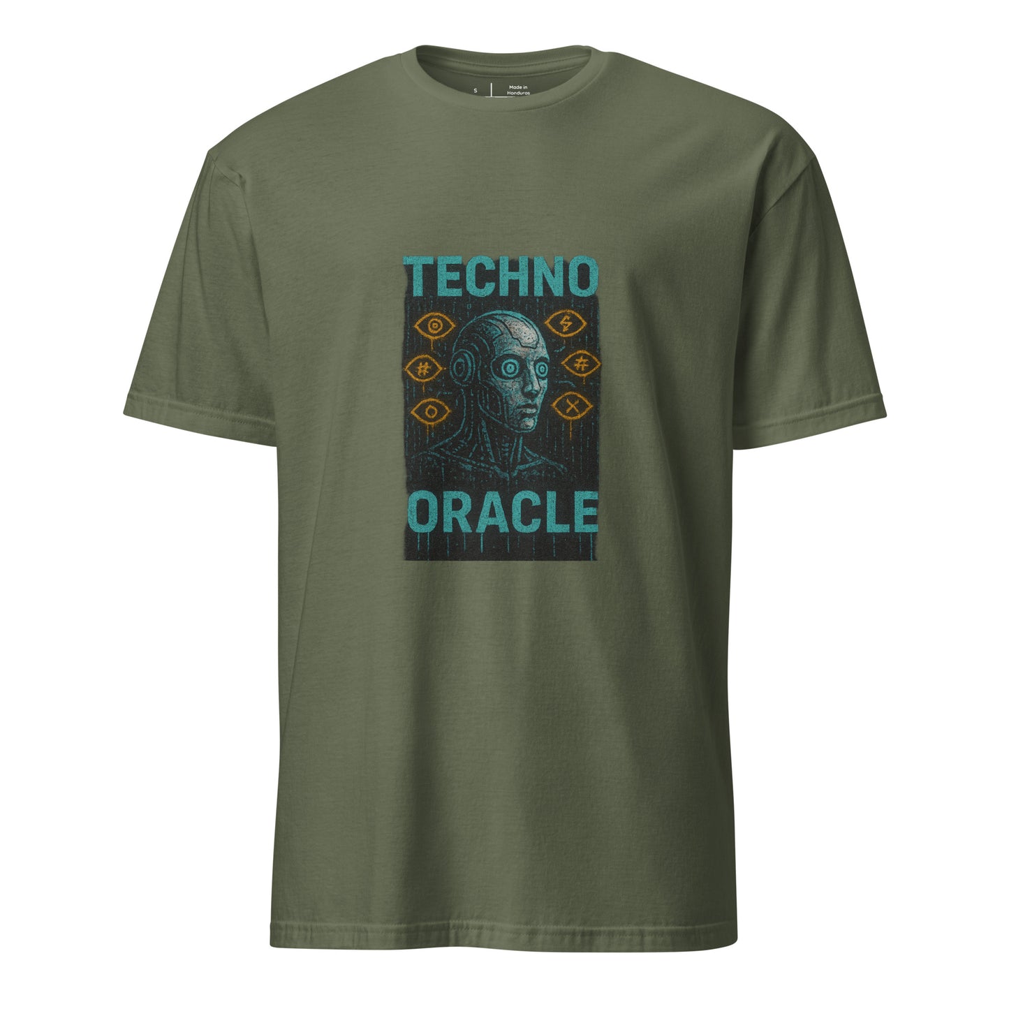 Techno Oracle - Urban Futurism - Short-Sleeve Unisex T-Shirt - Graphic Tee - Military Green - Front