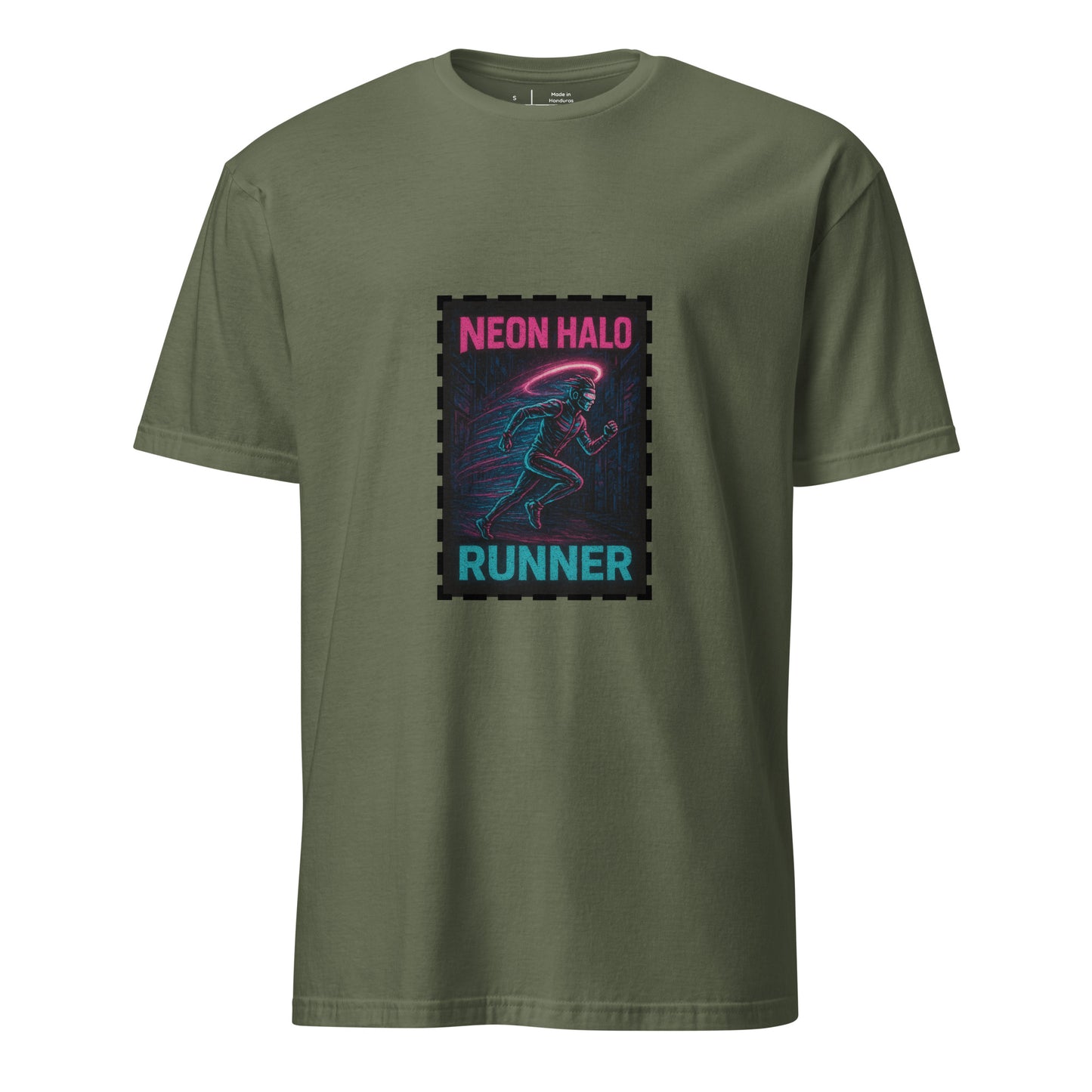 Neon Halo Runner - Cyber Adrenaline - Short-Sleeve Unisex T-Shirt - Graphic Tee - Military Green - Front