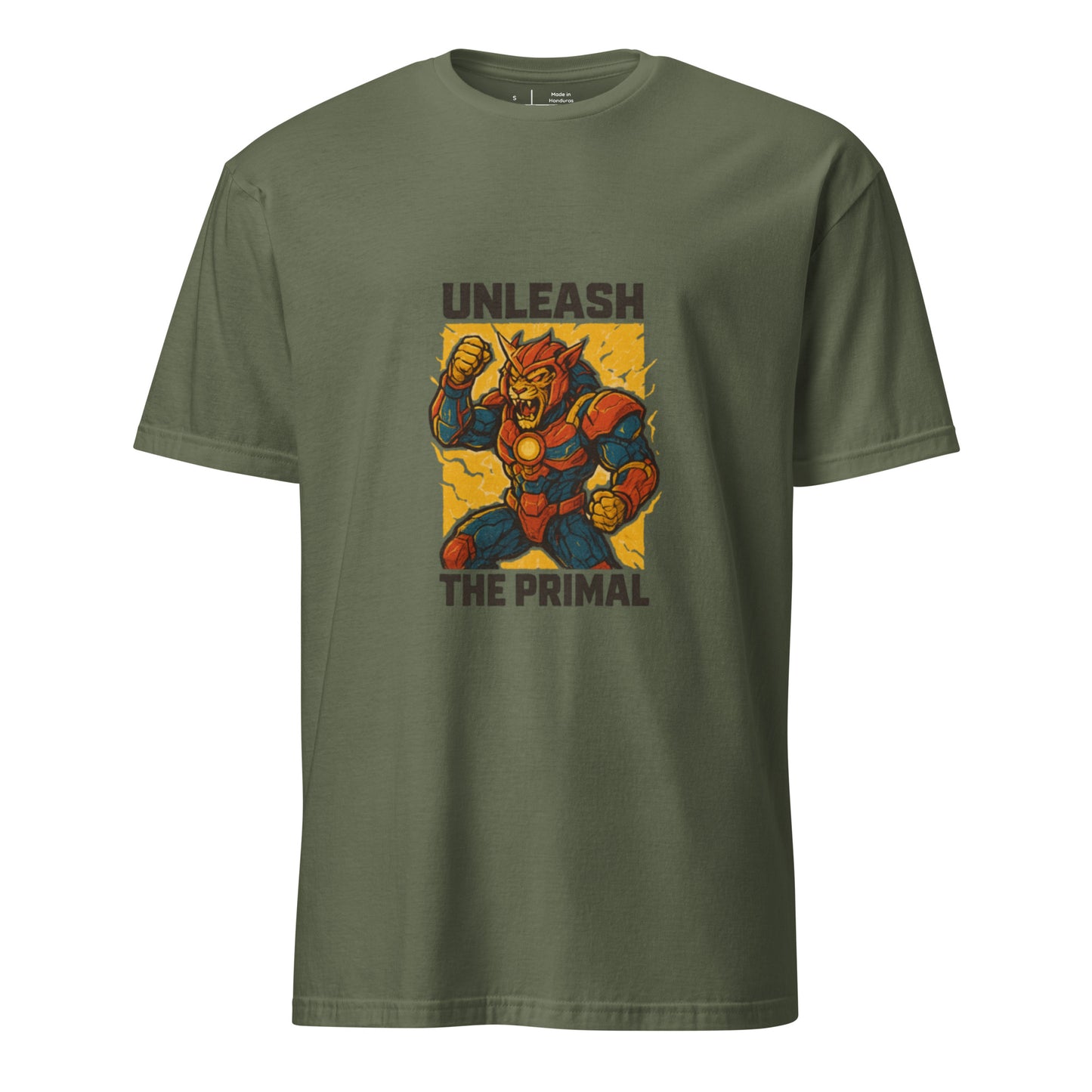 Thunder Primal Overdrive – Tech-Totem Fusion Warrior - Short-Sleeve Unisex T-Shirt - Graphic Tee - Military Green - Front