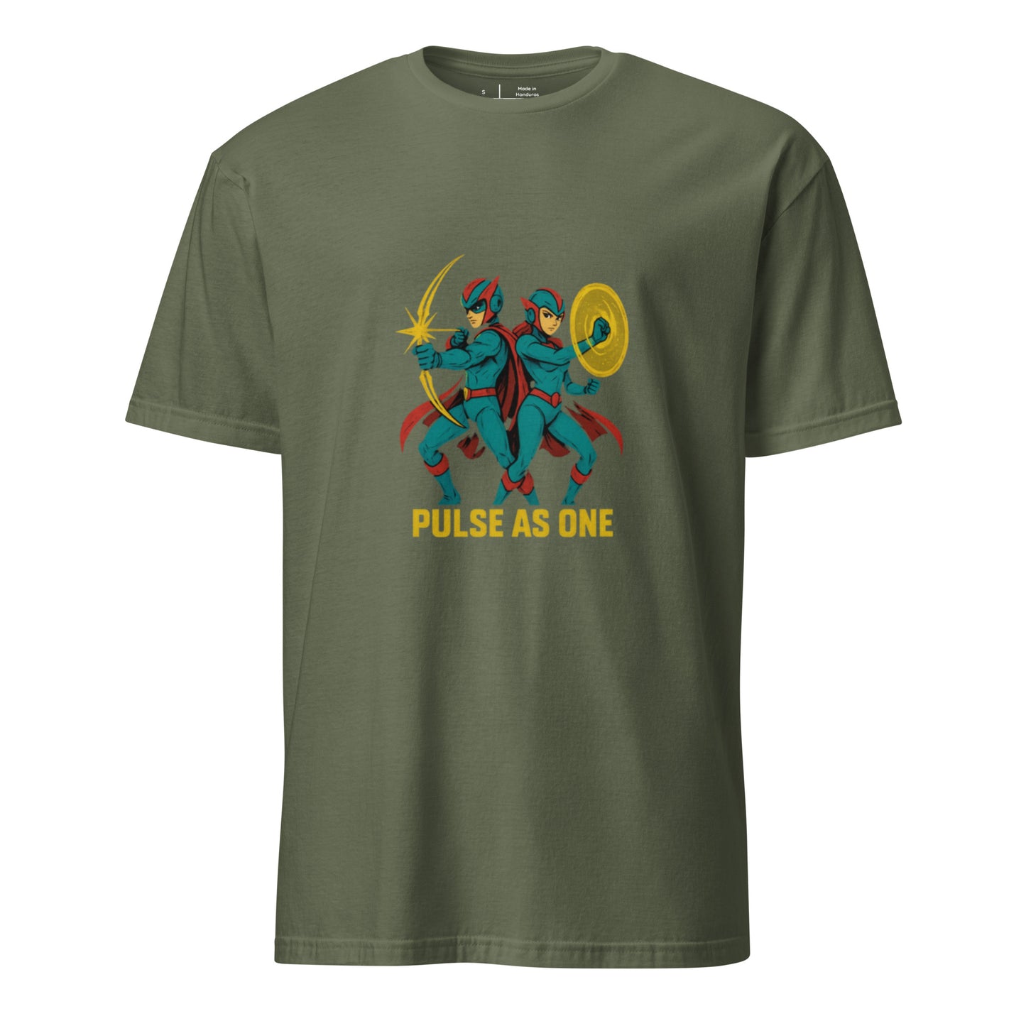 Starpulse Vanguard Twins – “Pulse as One.” - Short-Sleeve Unisex T-Shirt - Graphic Tee - Military Green - Front