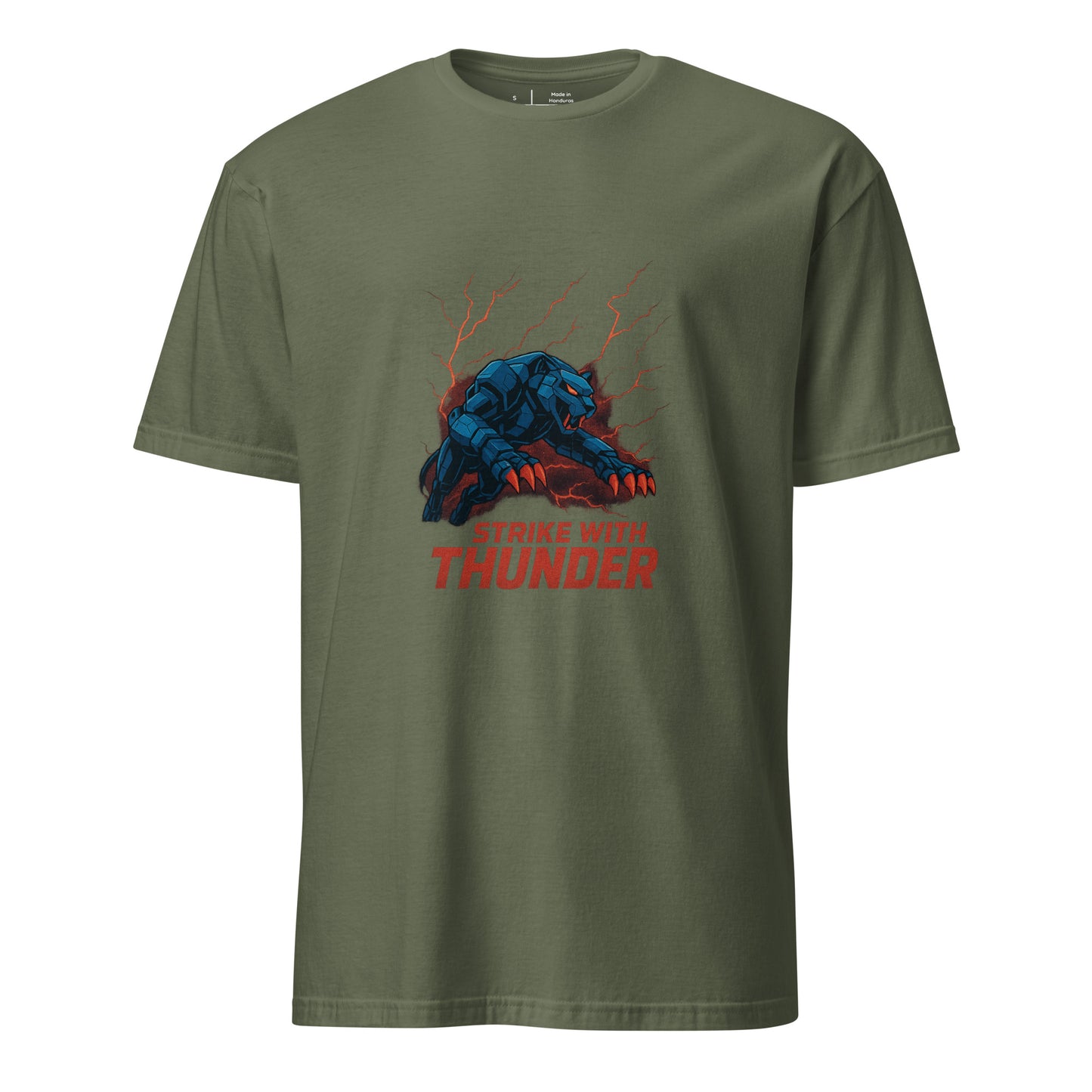 Mech-Panther Storm Unit – “Strike with Thunder.” - Short-Sleeve Unisex T-Shirt - Graphic Tee - Military Green - Front
