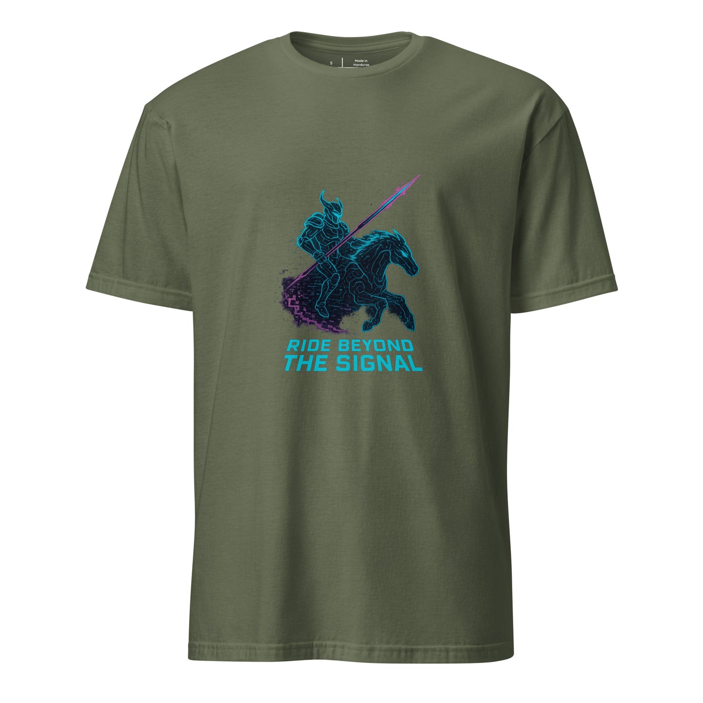 Neon Wraith Dragoon – “Ride Beyond the Signal.” - Short-Sleeve Unisex T-Shirt - Graphic Tee - Military Green - Front