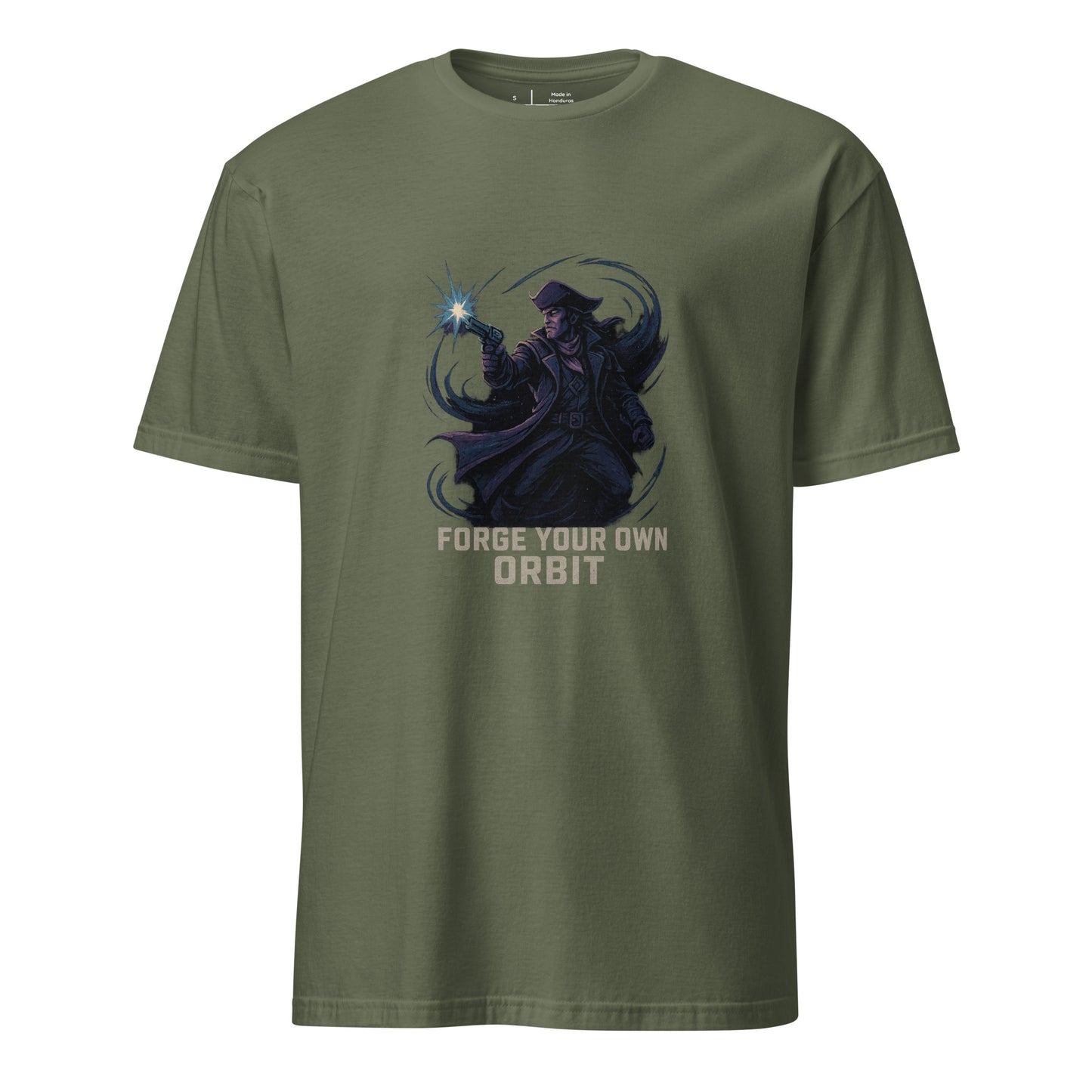 Astral Rift Corsair – “Forge Your Own Orbit.” - Short-Sleeve Unisex T-Shirt - Graphic Tee - Military Green - Front
