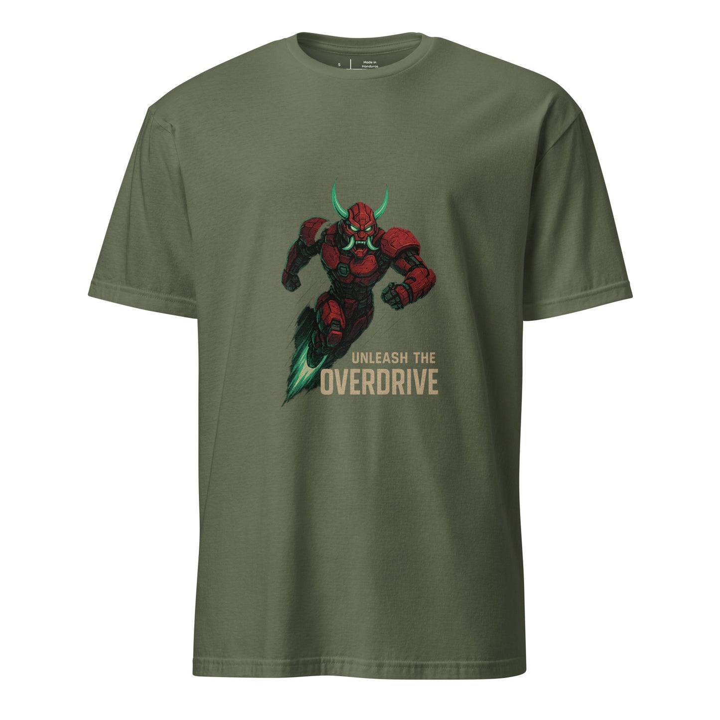 Cyber Oni Overdrive – “Unleash the Overdrive.” - Short-Sleeve Unisex T-Shirt - Graphic Tee - Military Green - Front
