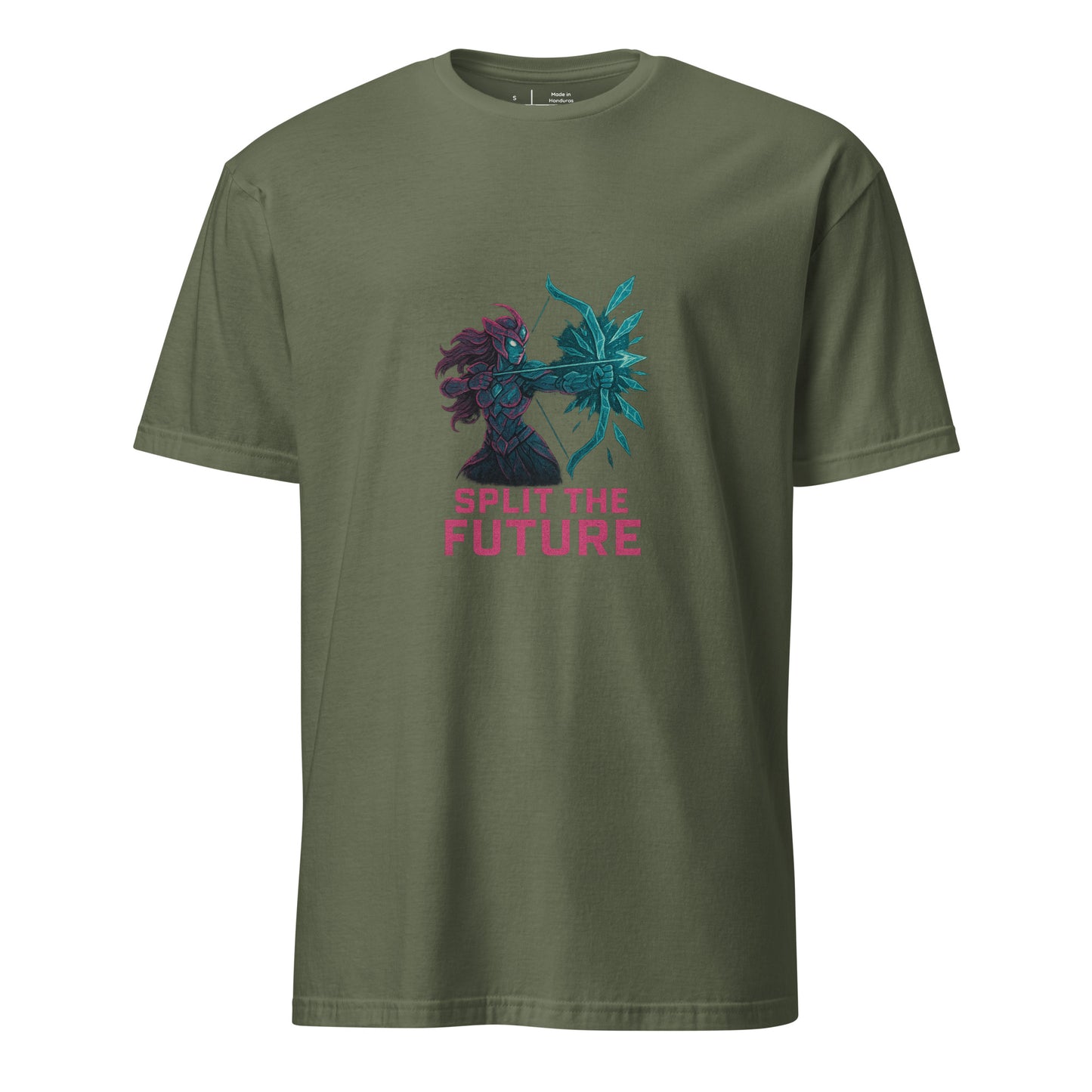 Quantum Prism Huntress – “Split the Future.” - Short-Sleeve Unisex T-Shirt - Graphic Tee - Military Green - Front