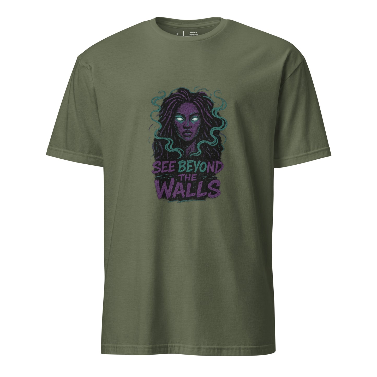 Alleyway Oracle – See Beyond the Walls - Short-Sleeve Unisex T-Shirt - Graphic Tee - Military Green - Front