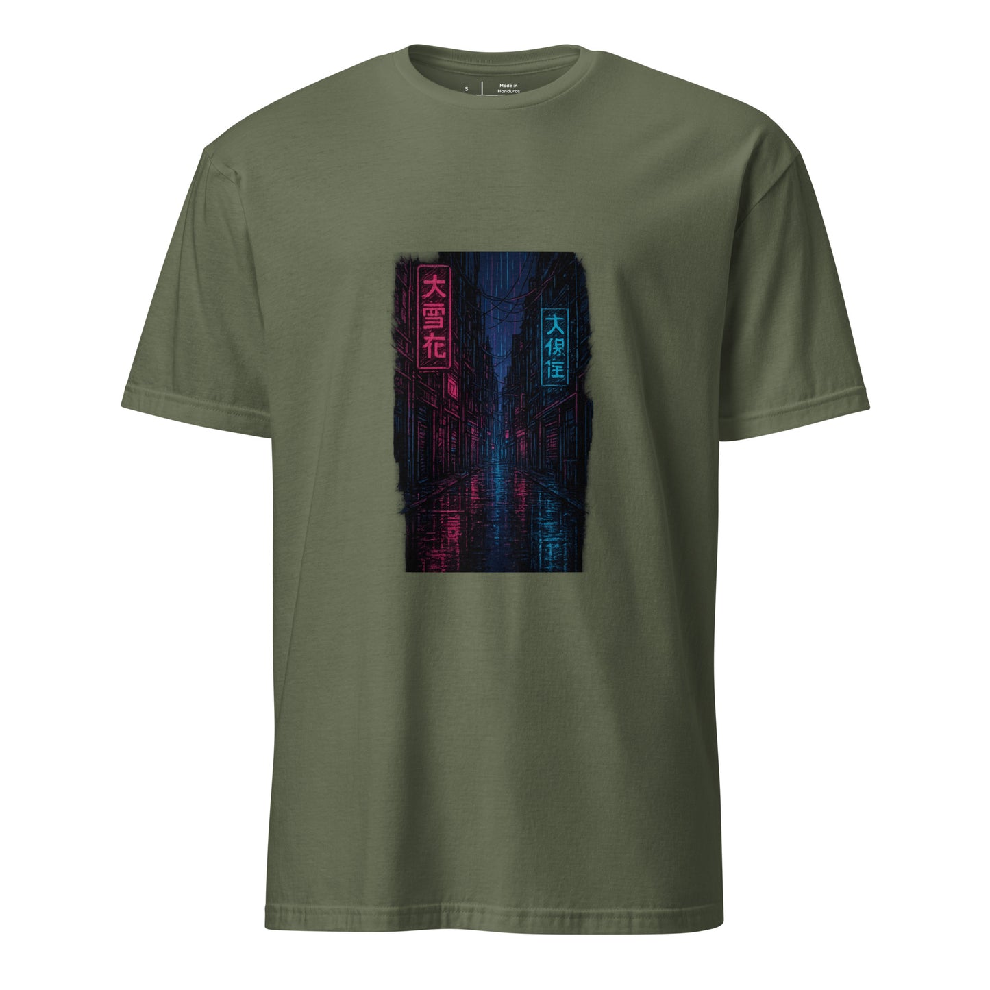 Neon Rain Alley – Cyberpunk Street Art - Short-Sleeve Unisex T-Shirt - Graphic Tee - Military Green - Front