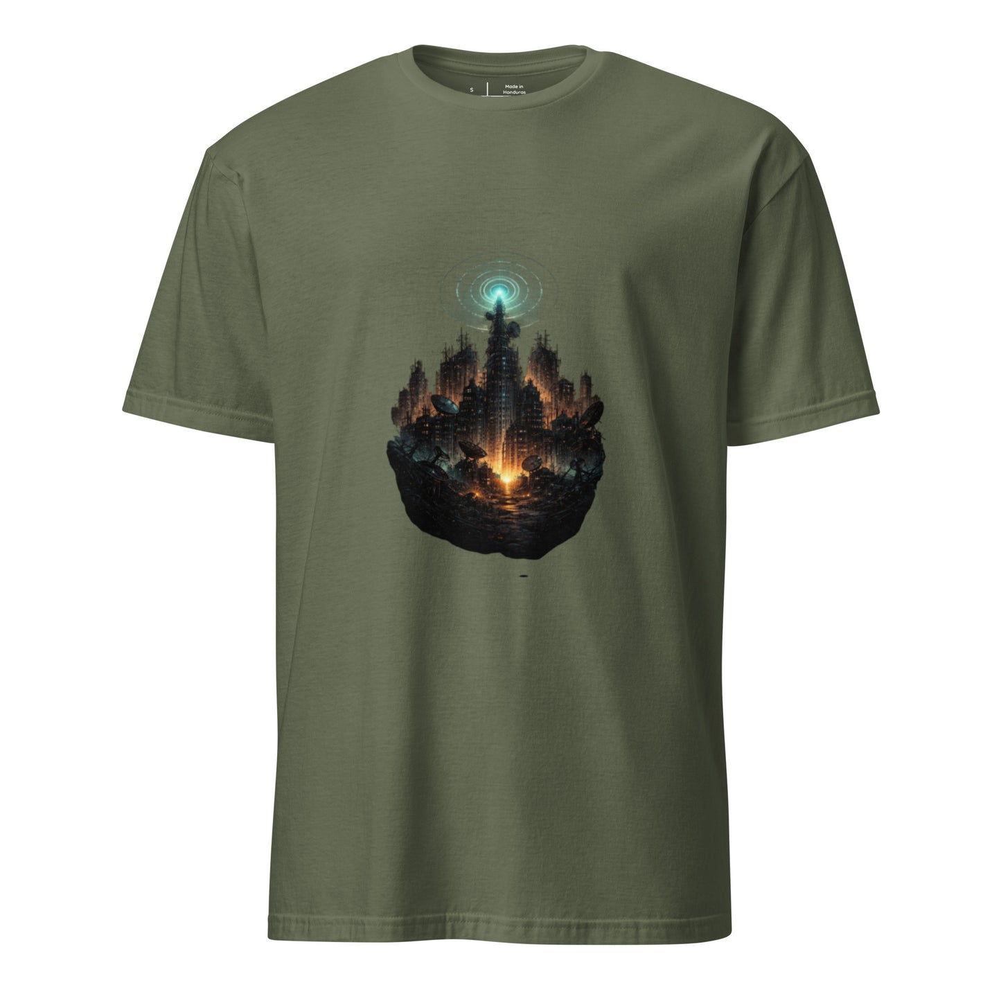 Dead Signal City – Dystopian Cyber Streetwear - Short-Sleeve Unisex T-Shirt - Graphic Tee - Military Green - Front