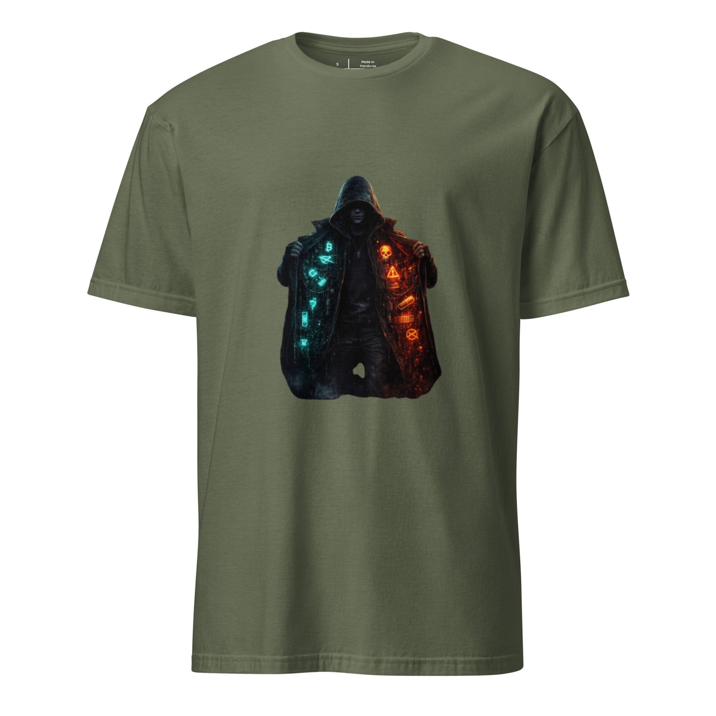 Neon Truth Smuggler – Cyber Streetwear - Short-Sleeve Unisex T-Shirt - Graphic Tee - Military Green - Front