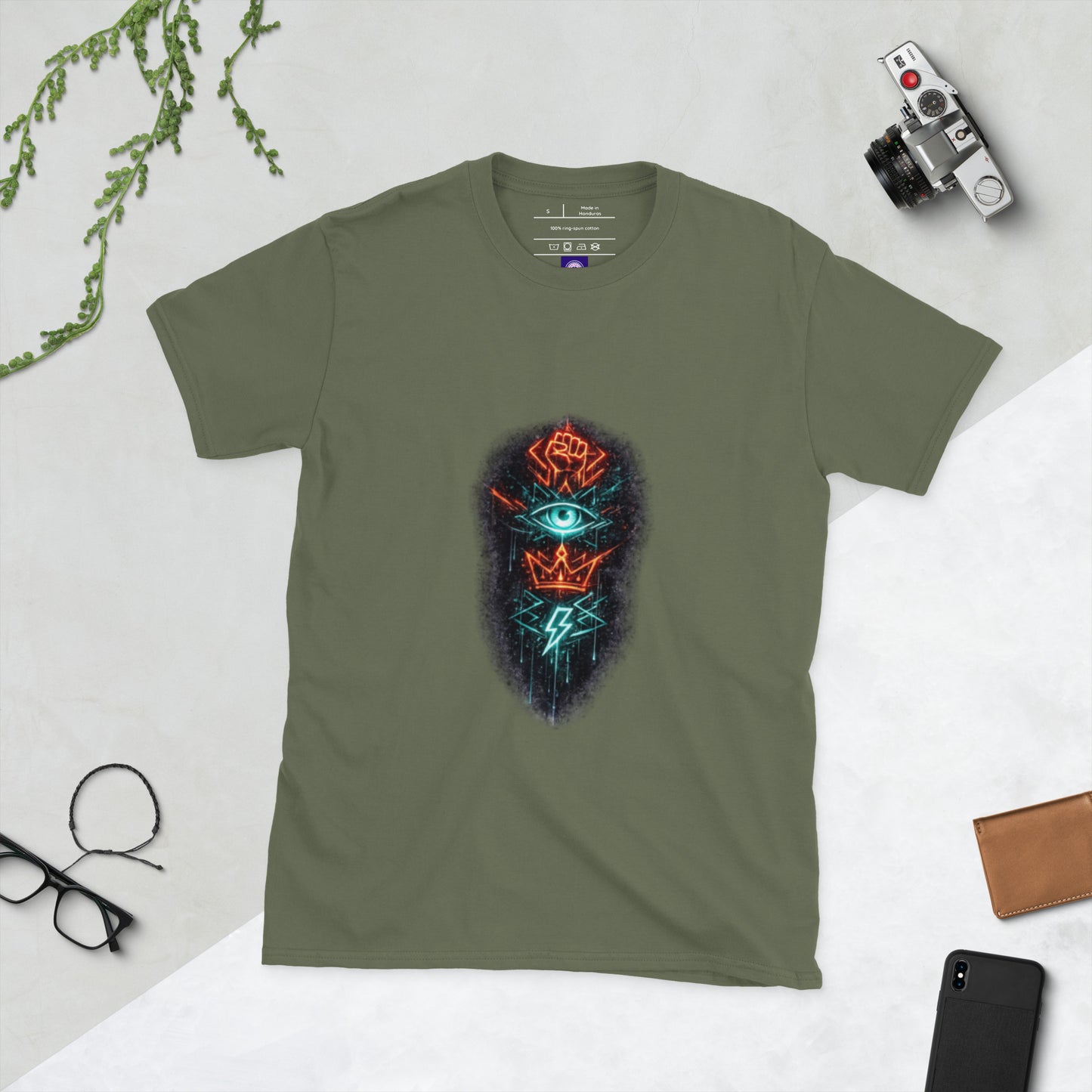 Neon Rebellion Totem - Short-Sleeve Unisex T-Shirt - Graphic Tee - Military Green - Front