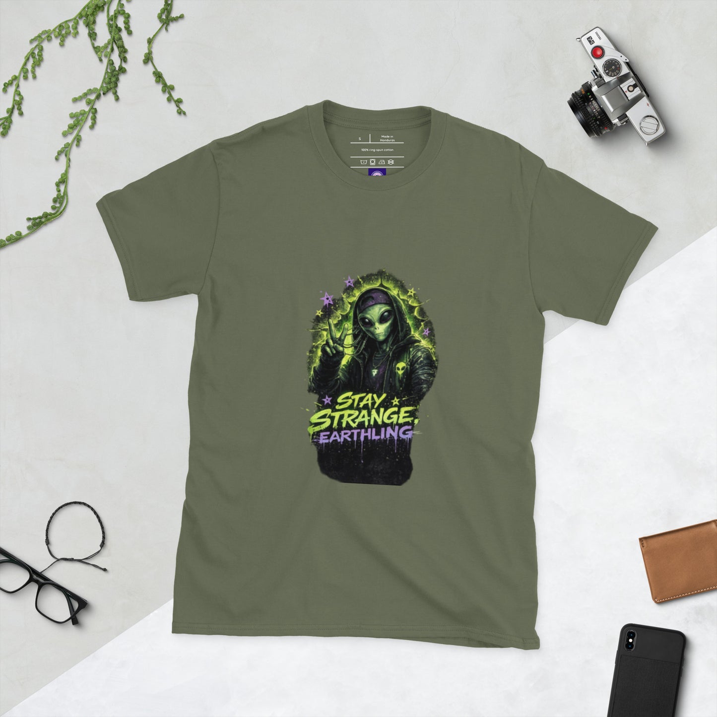 Stay Strange, Earthling – Retro Sci-Fi - Short-Sleeve Unisex T-Shirt - Graphic Tee - Military Green - Front
