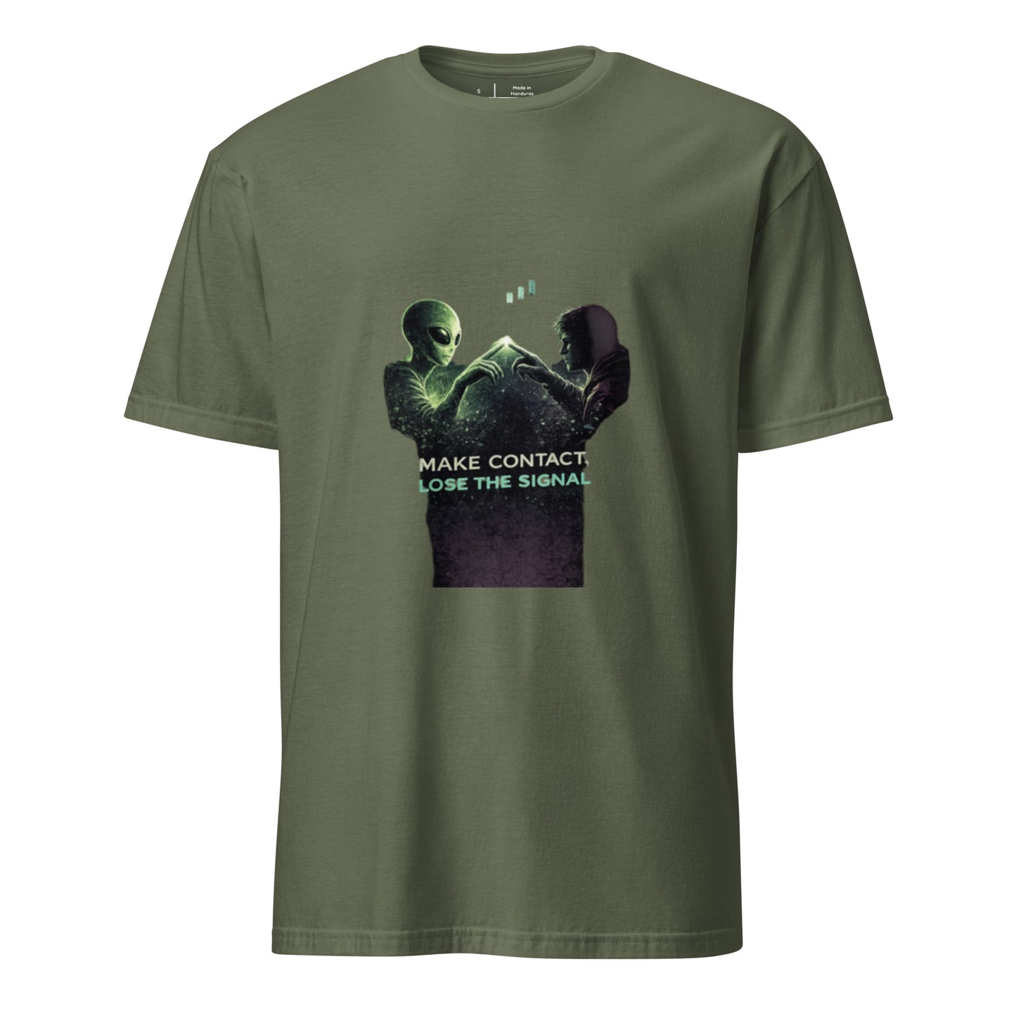 Make Contact, Lose the Signal – Minimal Sci-Fi Streetwear - Short-Sleeve Unisex T-Shirt - Graphic Tee - Military Green - Front
