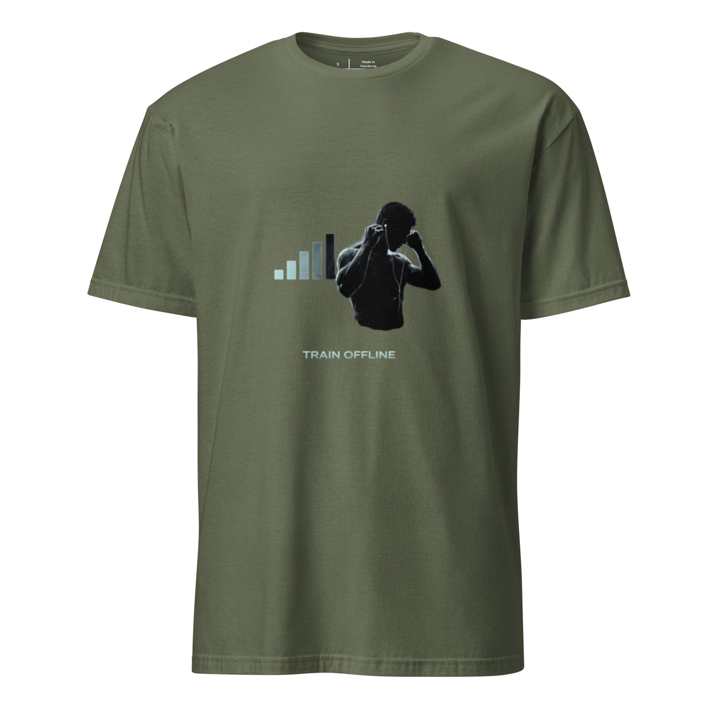 Train Offline – Minimal Gym - Short-Sleeve Unisex T-Shirt - Graphic Tee - Military Green - Front