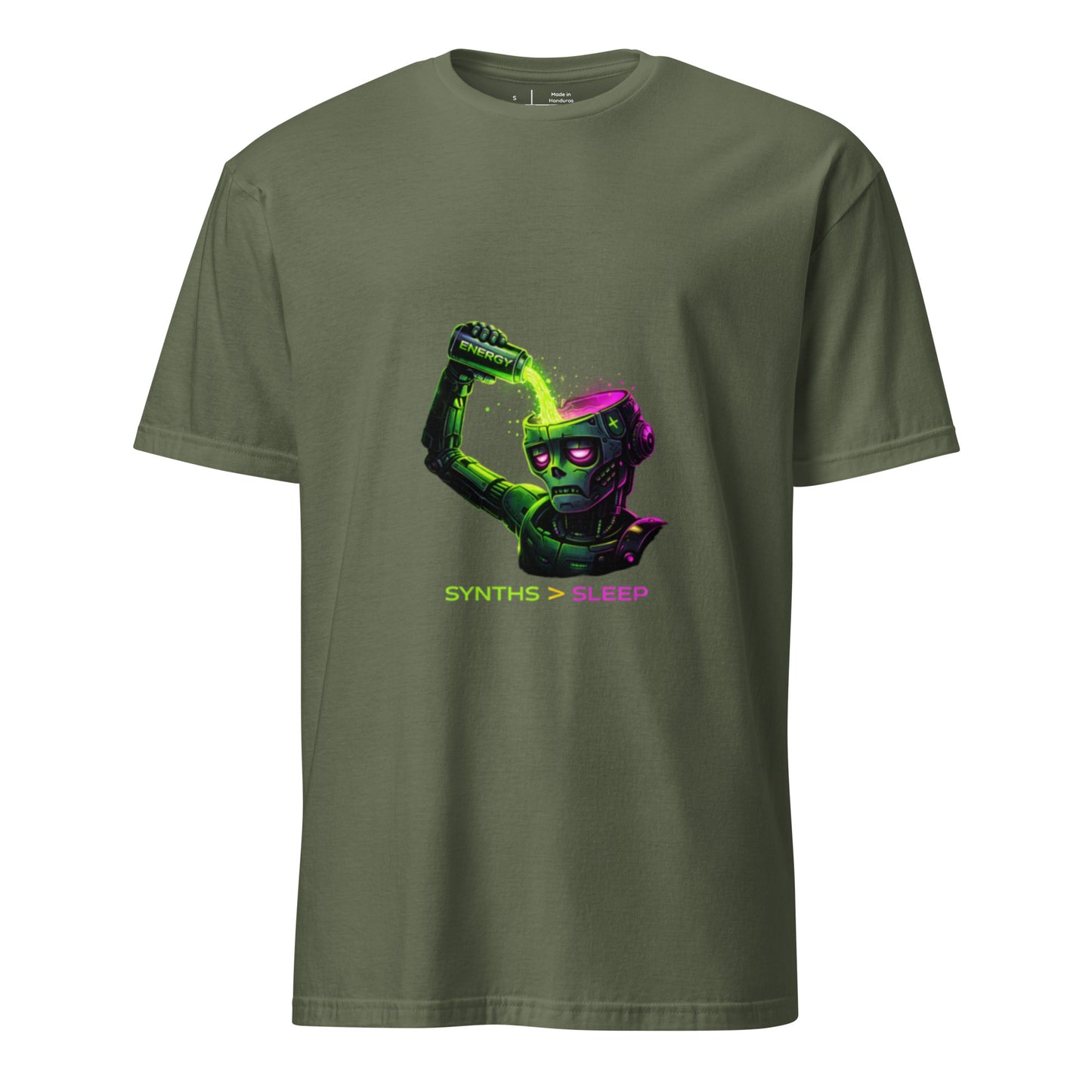 Energy Needed: Synths > Sleep – Cyber Rave - Short-Sleeve Unisex T-Shirt - Graphic Tee - Military Green - Front