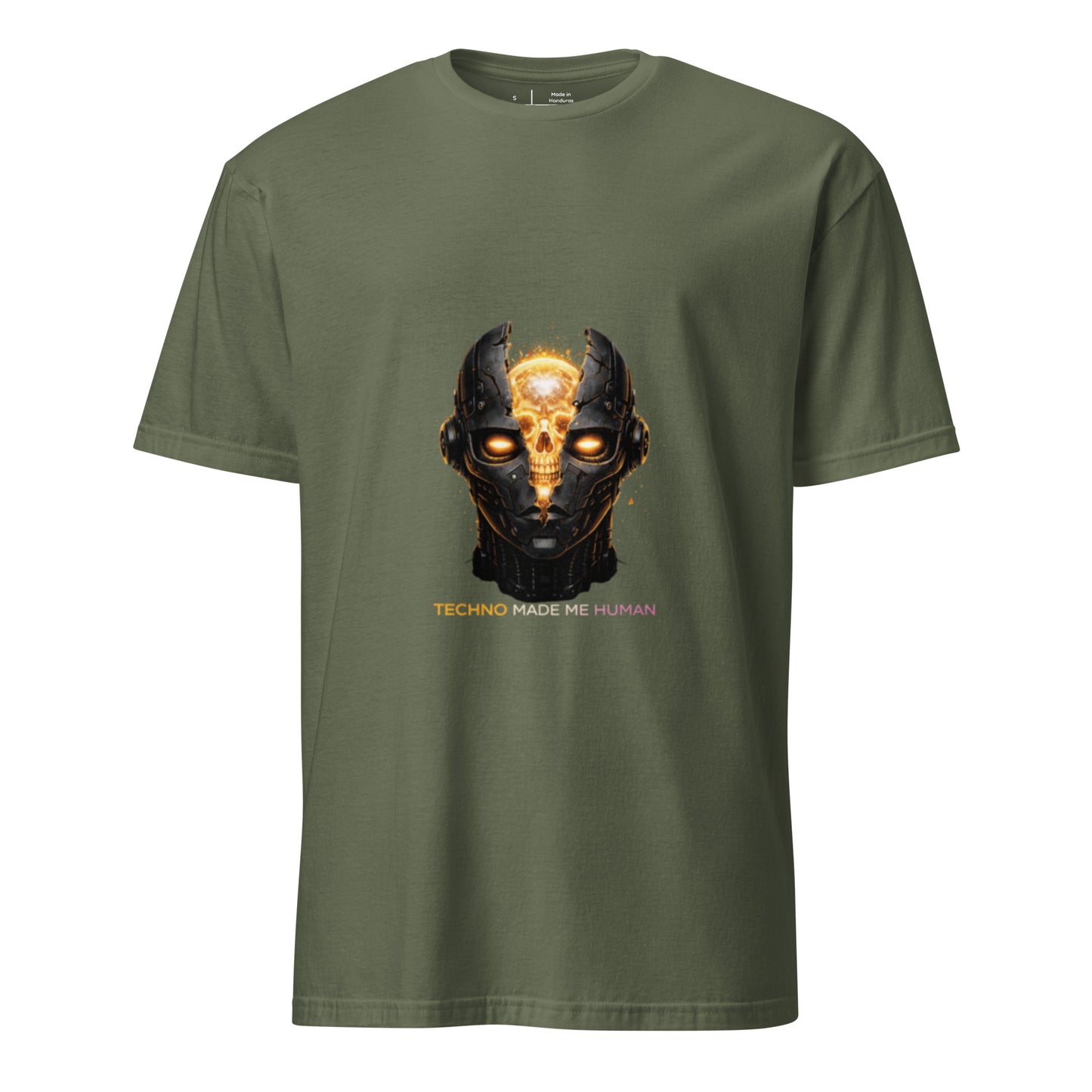 Techno Made Me Human – Dark Cyber Streetwear - Short-Sleeve Unisex T-Shirt - Graphic Tee - Military Green - Front
