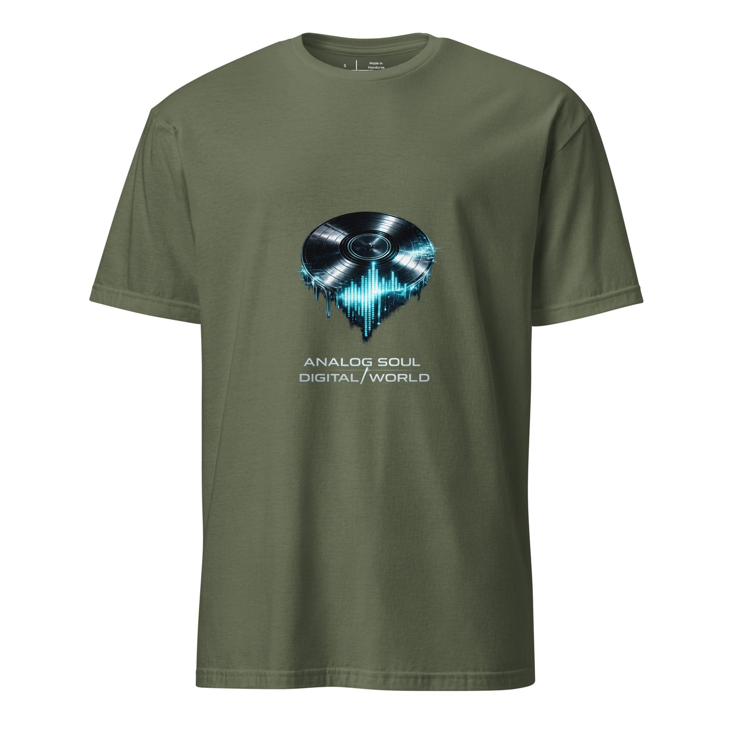 Analog Soul / Digital World – Retro Cyber Music - Short-Sleeve Unisex T-Shirt - Graphic Tee - Military Green - Front