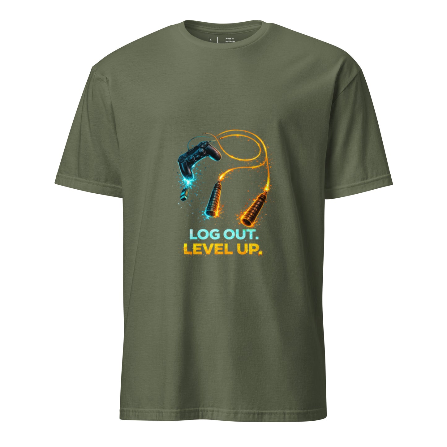 Log Out. Level Up. – Gamer Fitness Motivation - Short-Sleeve Unisex T-Shirt - Graphic Tee - Military Green - Front